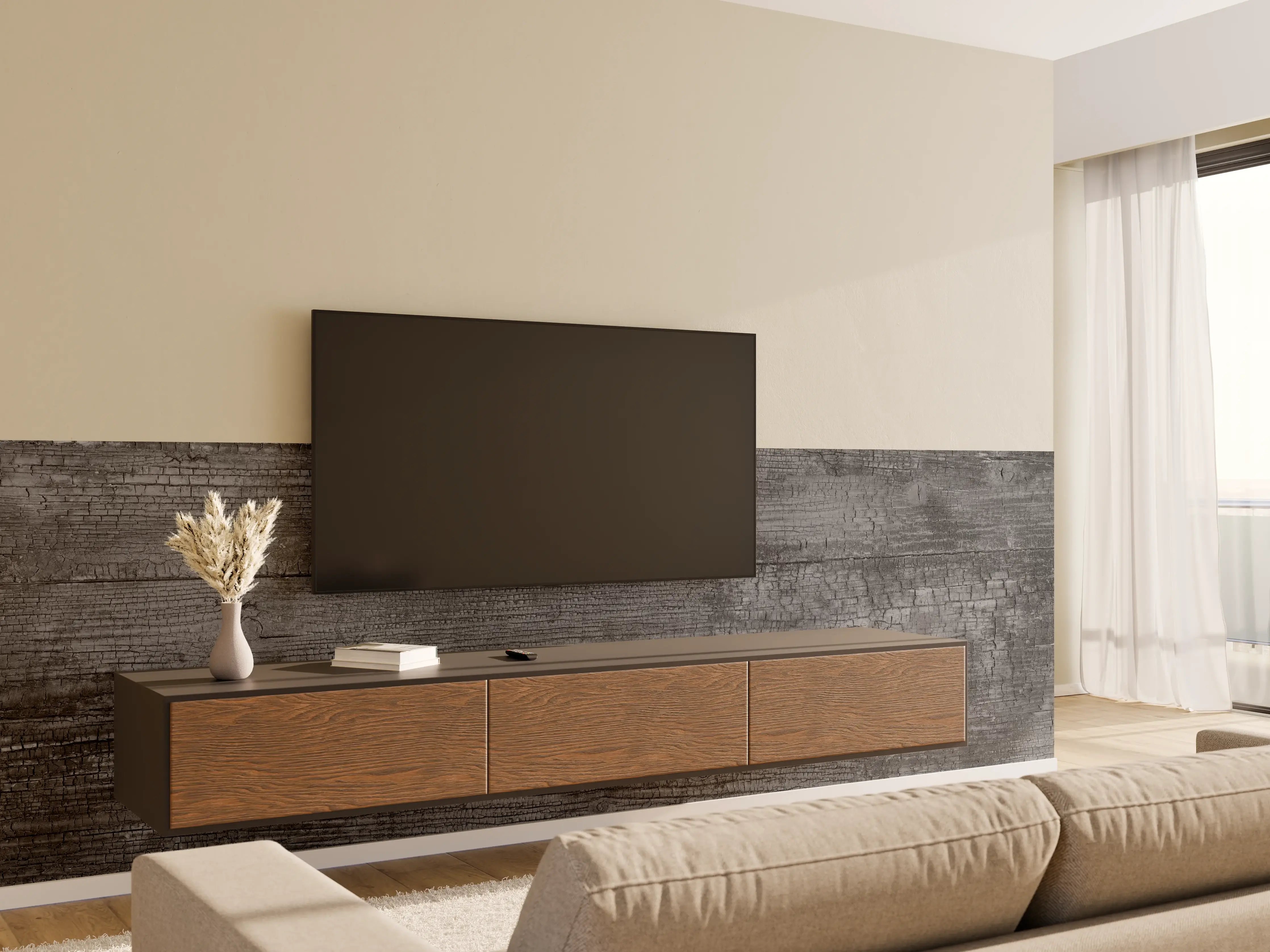 Wandverkleidung Wohnzimmer - Schwarz-Graue Holztextur