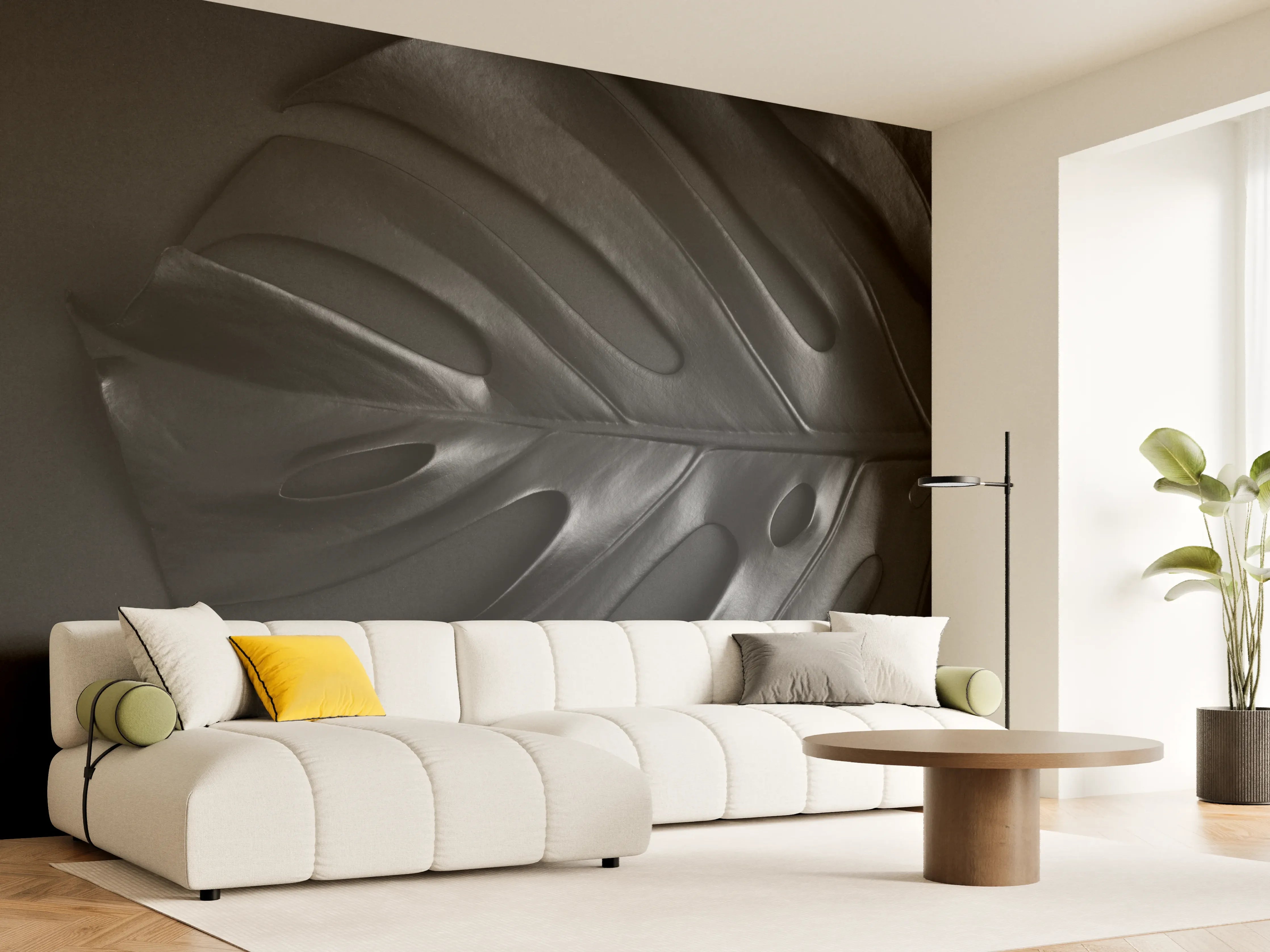Wandverkleidung Wohnzimmer - Schwarz-Revierte Blätter im modernen Design