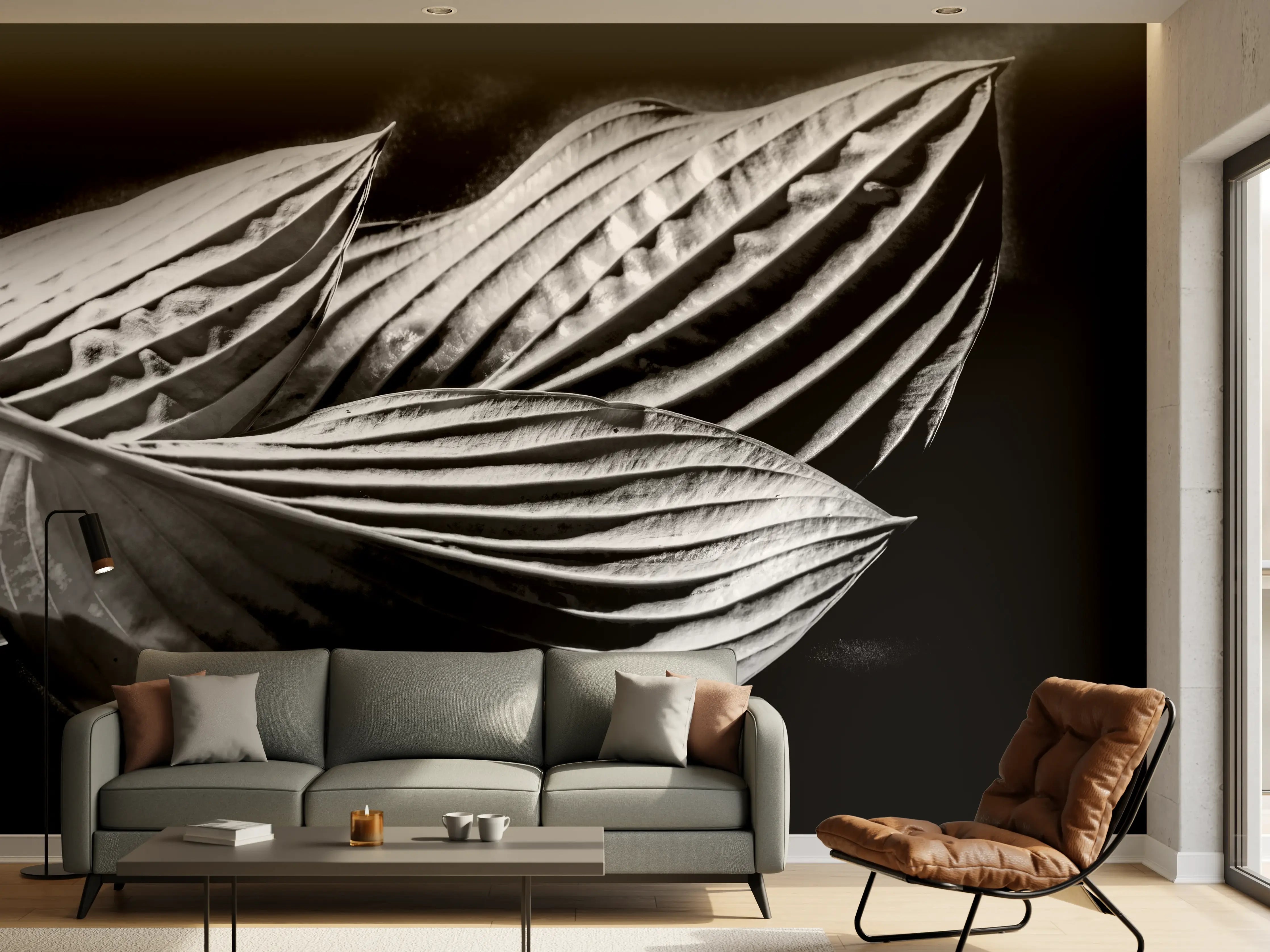 Wandverkleidung Wohnzimmer - Schwarz-Weiß-Blätter-Detail