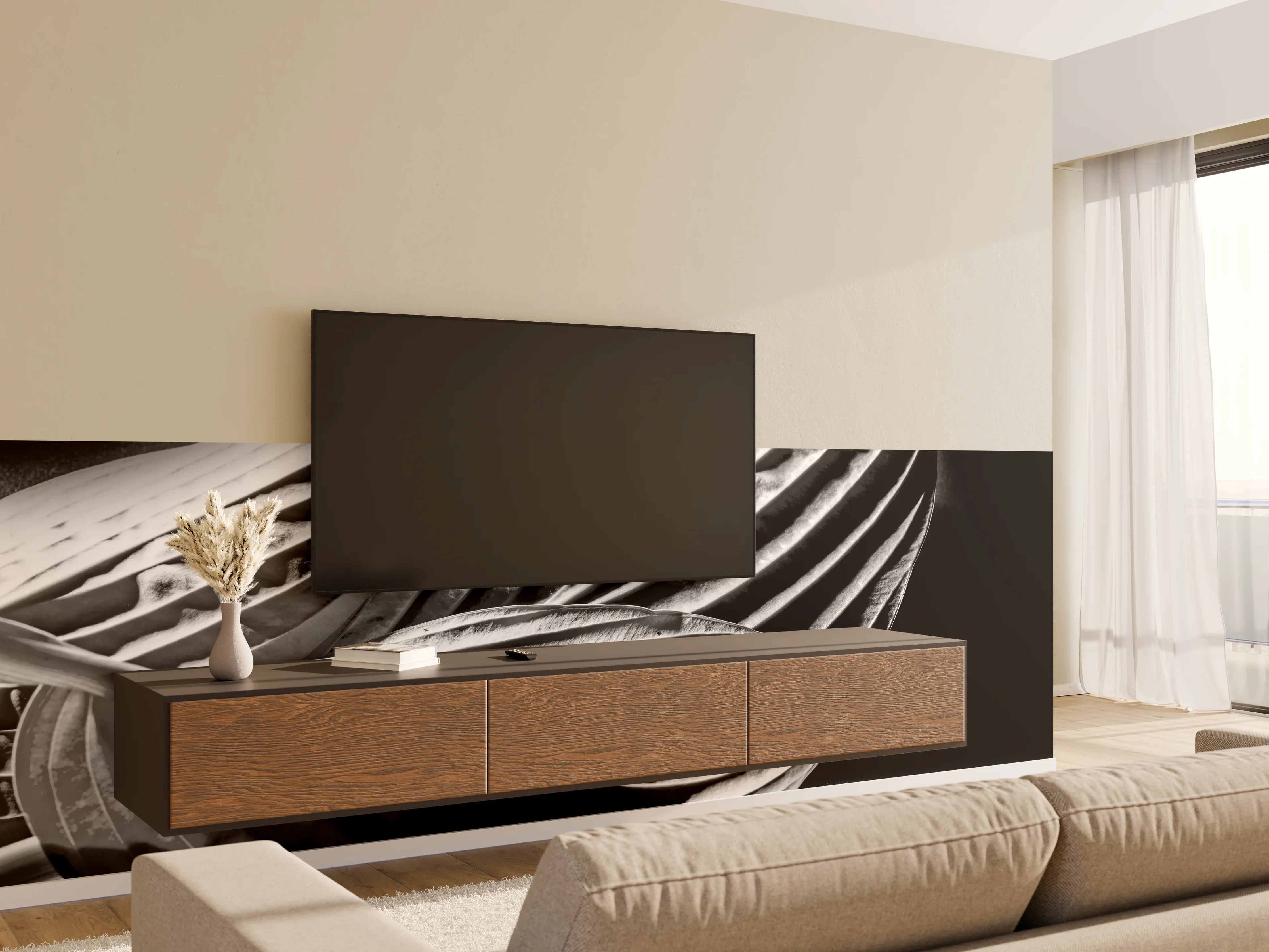 Wandverkleidung Wohnzimmer - Schwarz-Weiß-Blätter-Detail