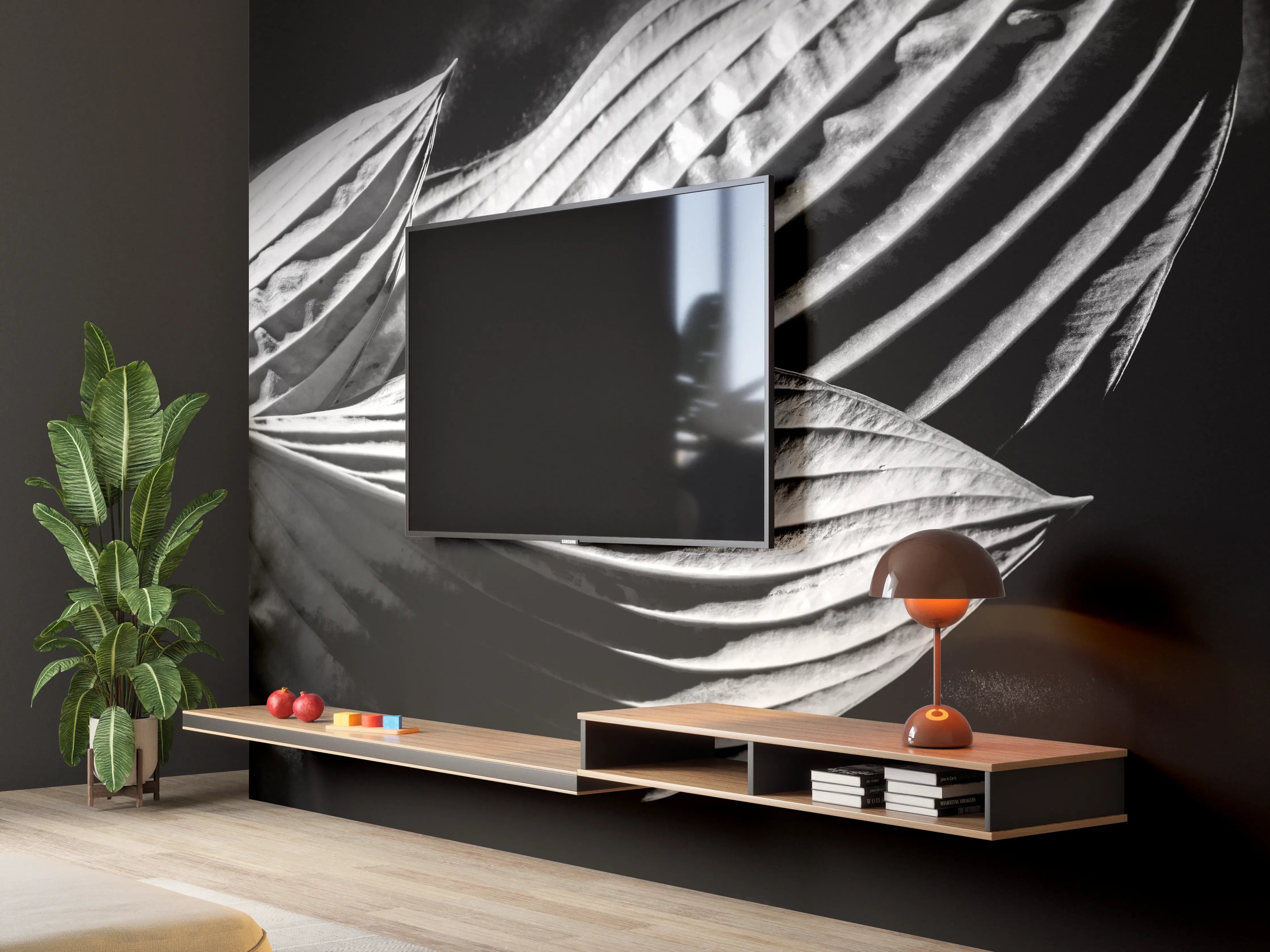 Wandverkleidung Wohnzimmer - Schwarz-Weiß-Blätter-Detail