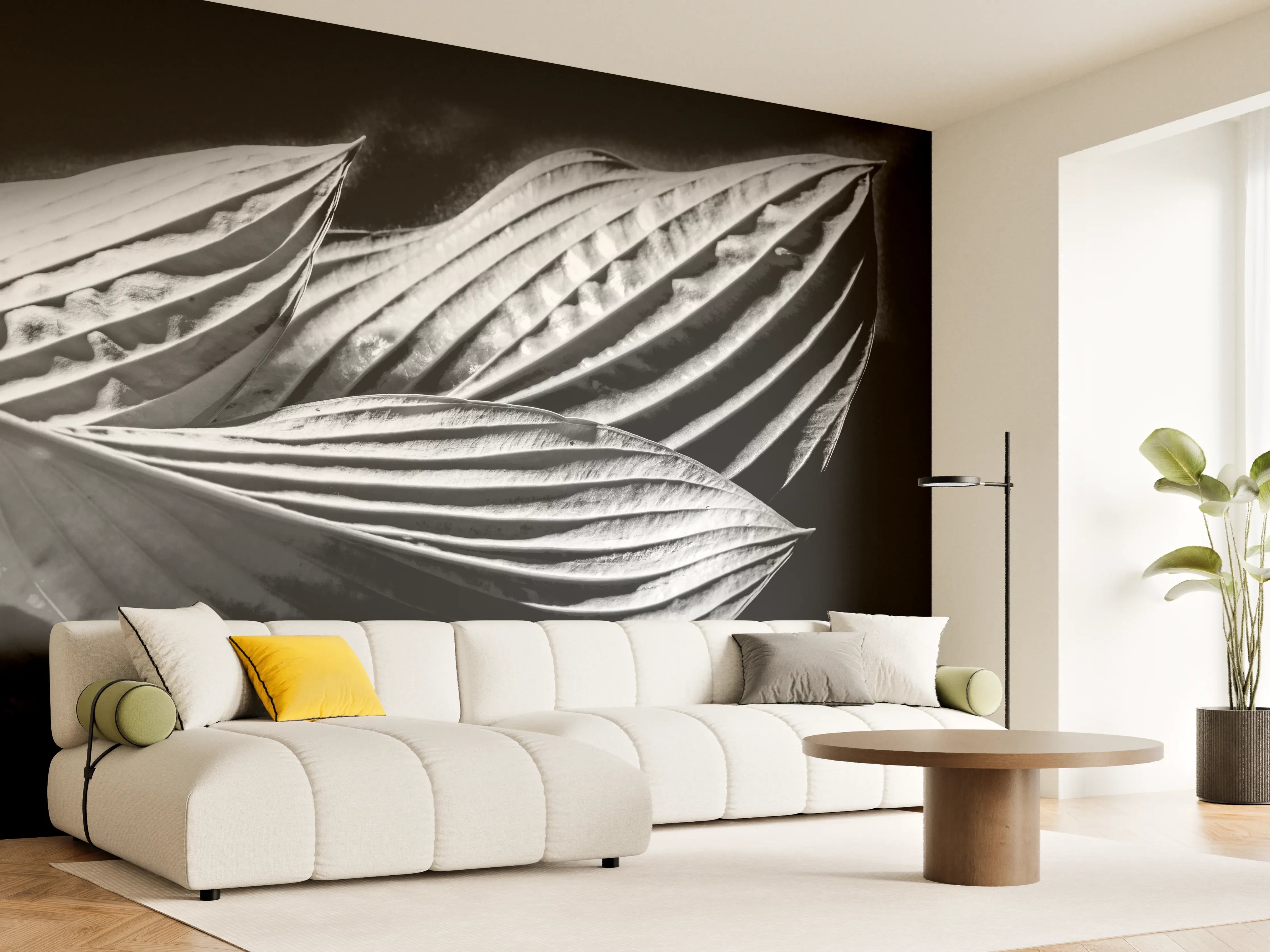 Wandverkleidung Wohnzimmer - Schwarz-Weiß-Blätter-Detail