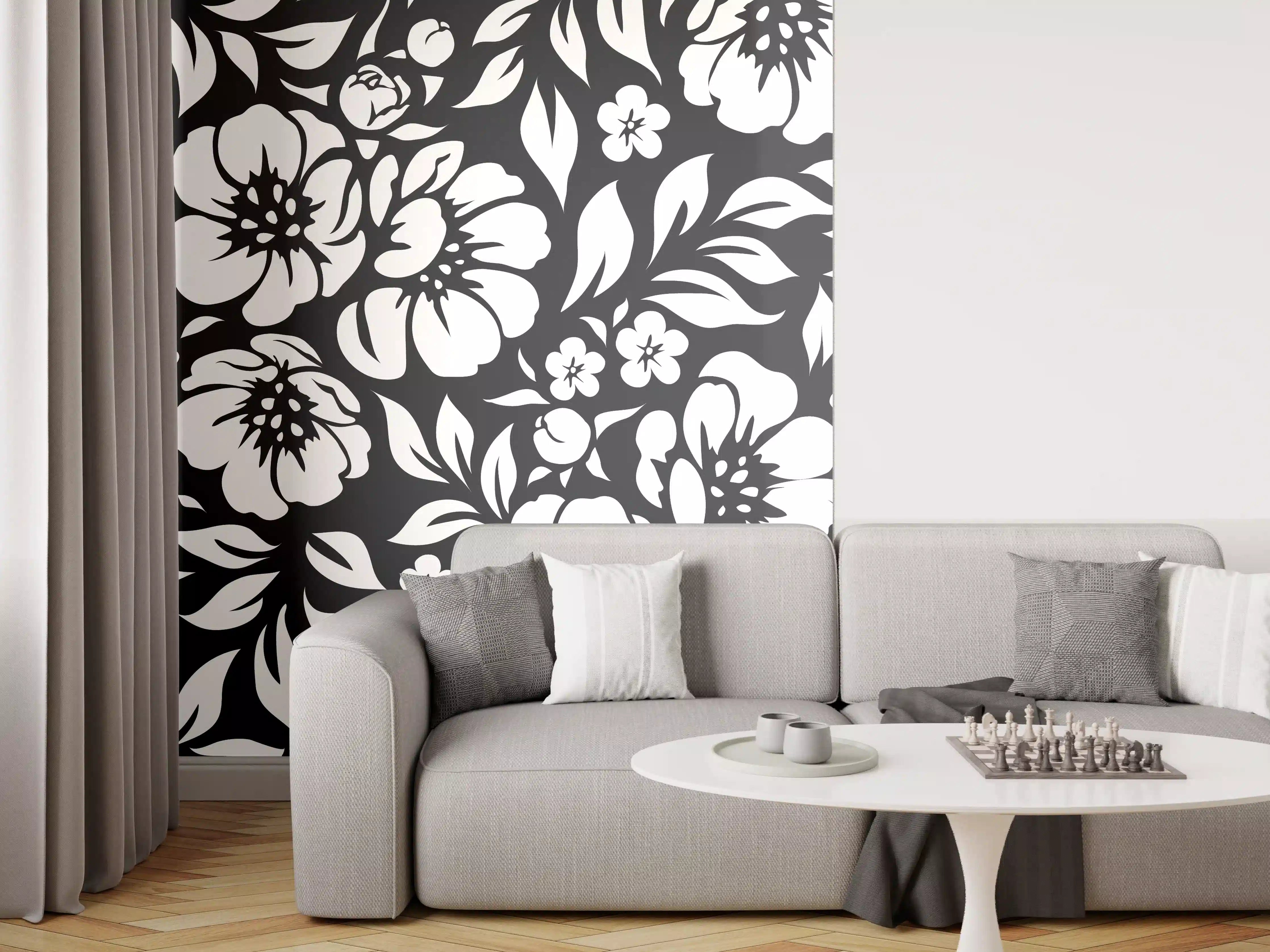 Wandverkleidung Wohnzimmer - Schwarz-Weiß Blumenmuster mit Grautönen