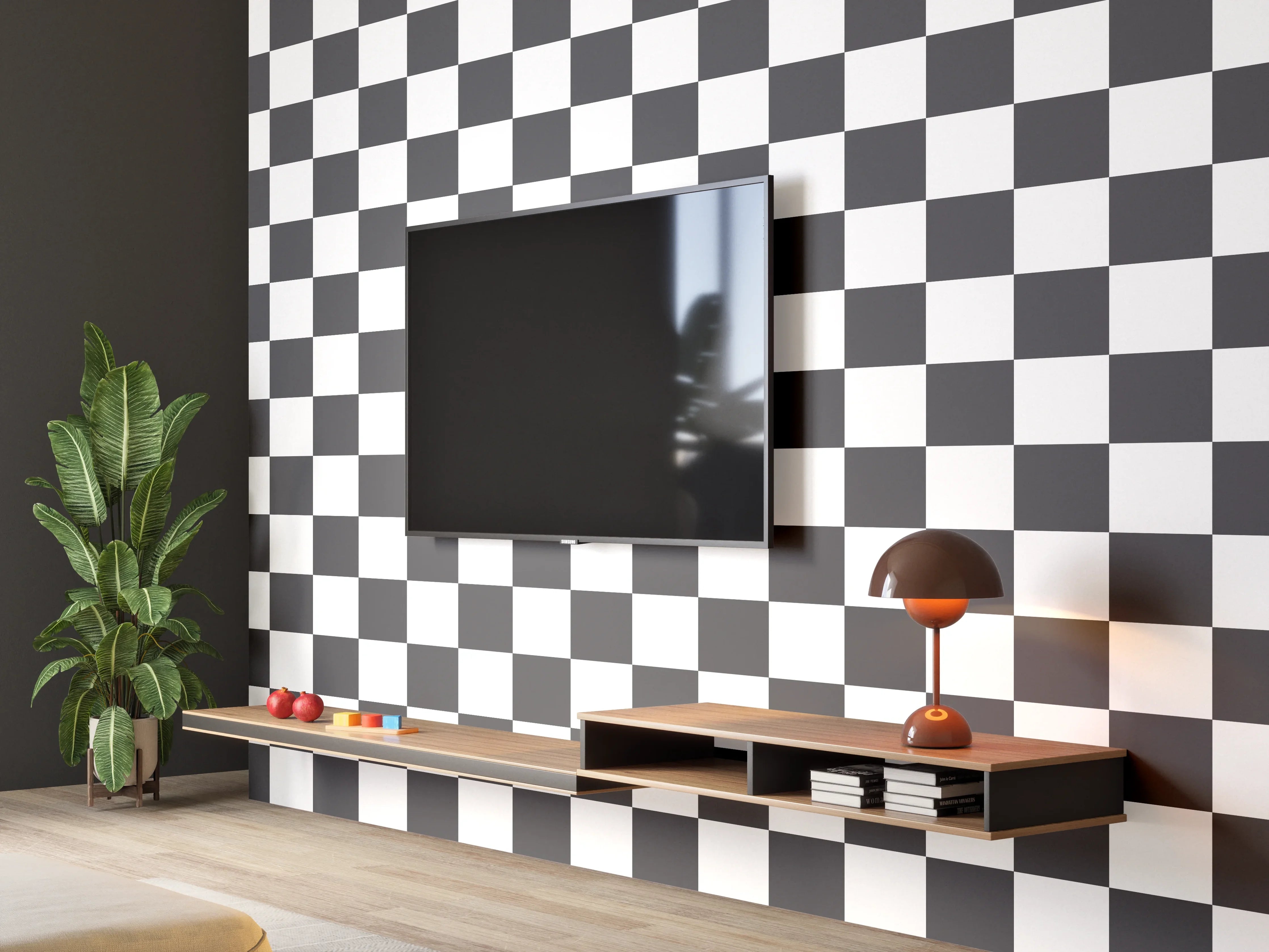 Wandverkleidung Wohnzimmer - Schwarz-Weiß Checkermuster
