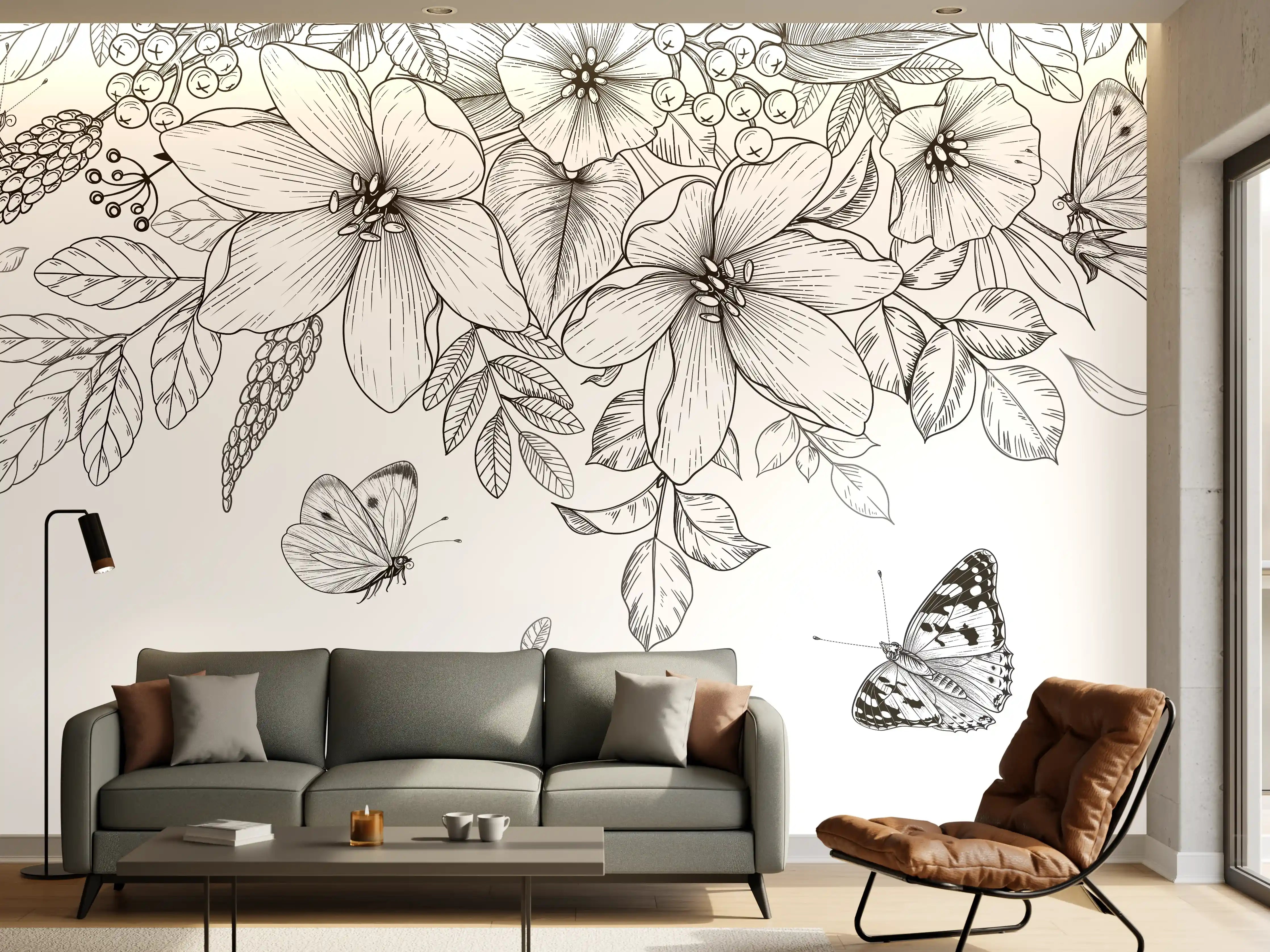 Wandverkleidung Wohnzimmer - Schwarz-Weiß Floralzeichnung