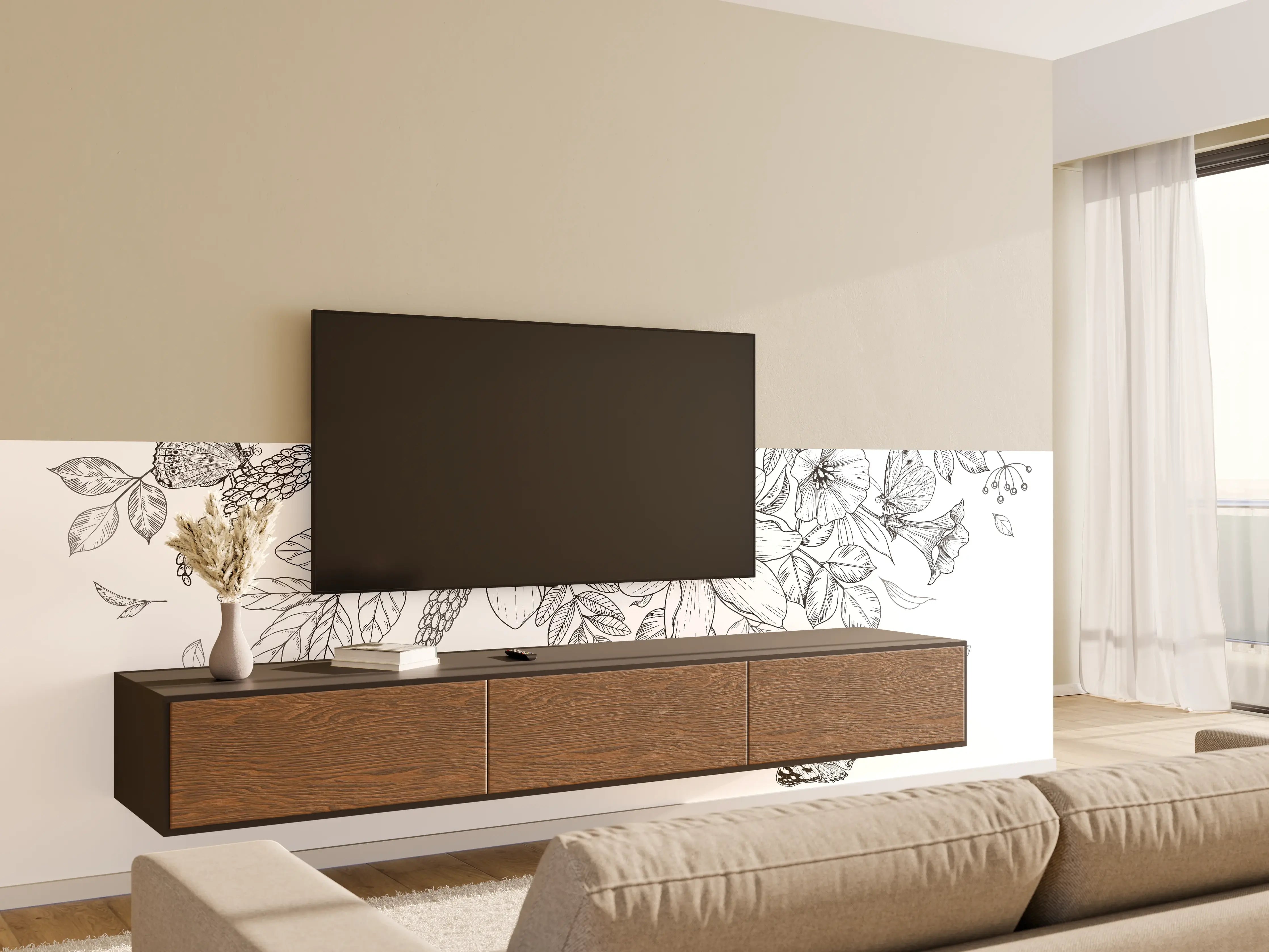 Wandverkleidung Wohnzimmer - Schwarz-Weiß Floralzeichnung