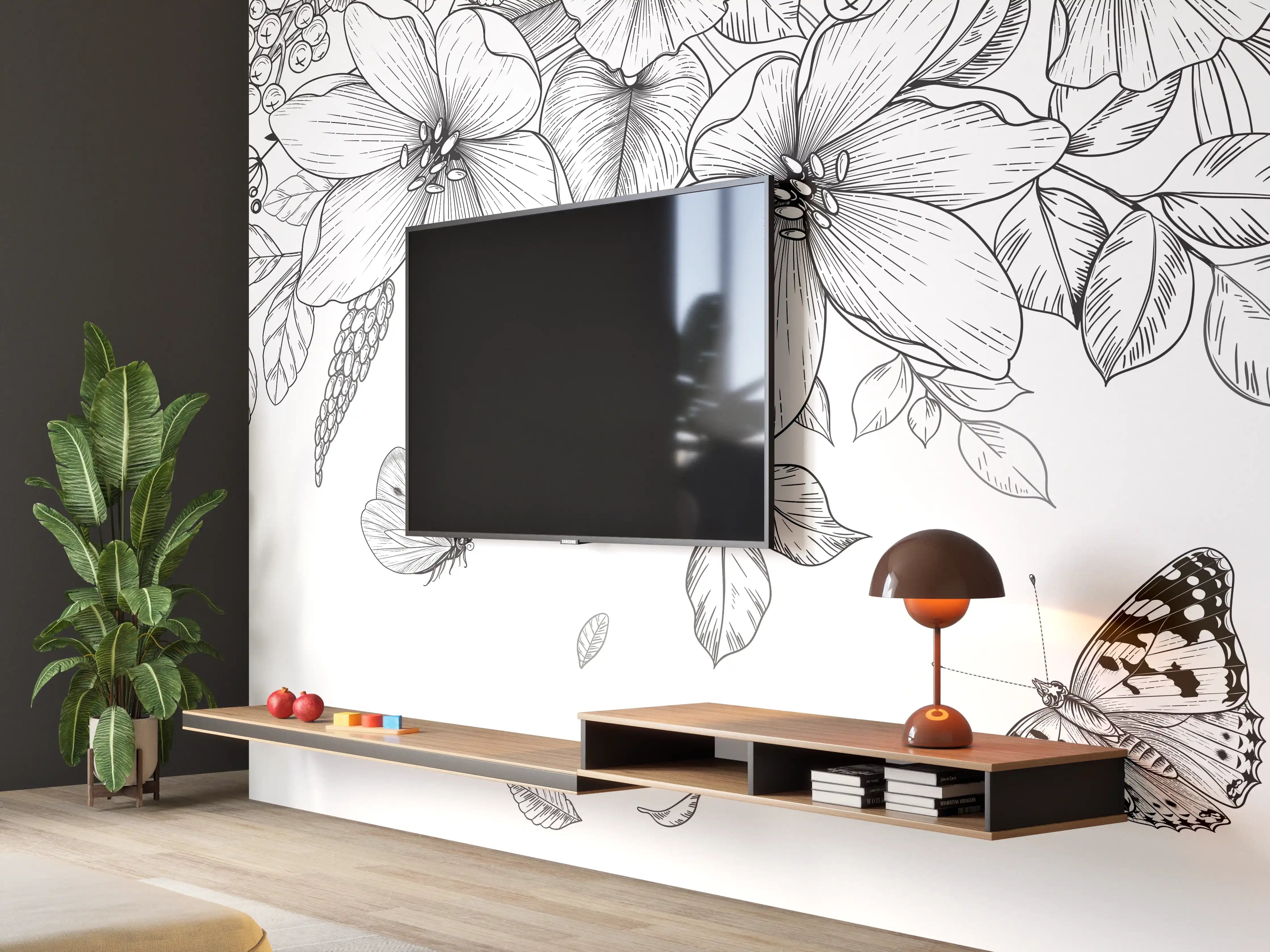 Wandverkleidung Wohnzimmer - Schwarz-Weiß Floralzeichnung