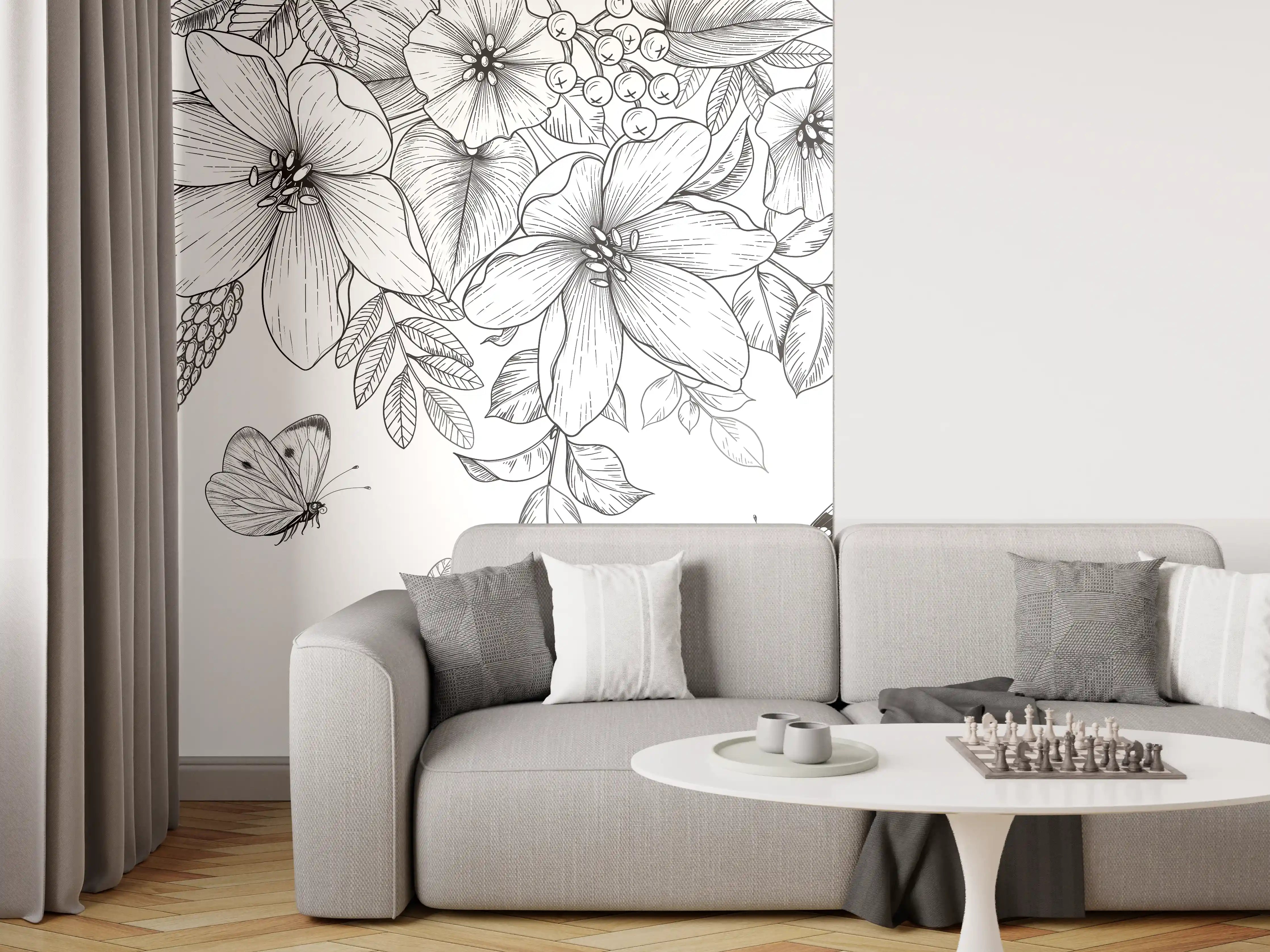 Wandverkleidung Wohnzimmer - Schwarz-Weiß Floralzeichnung