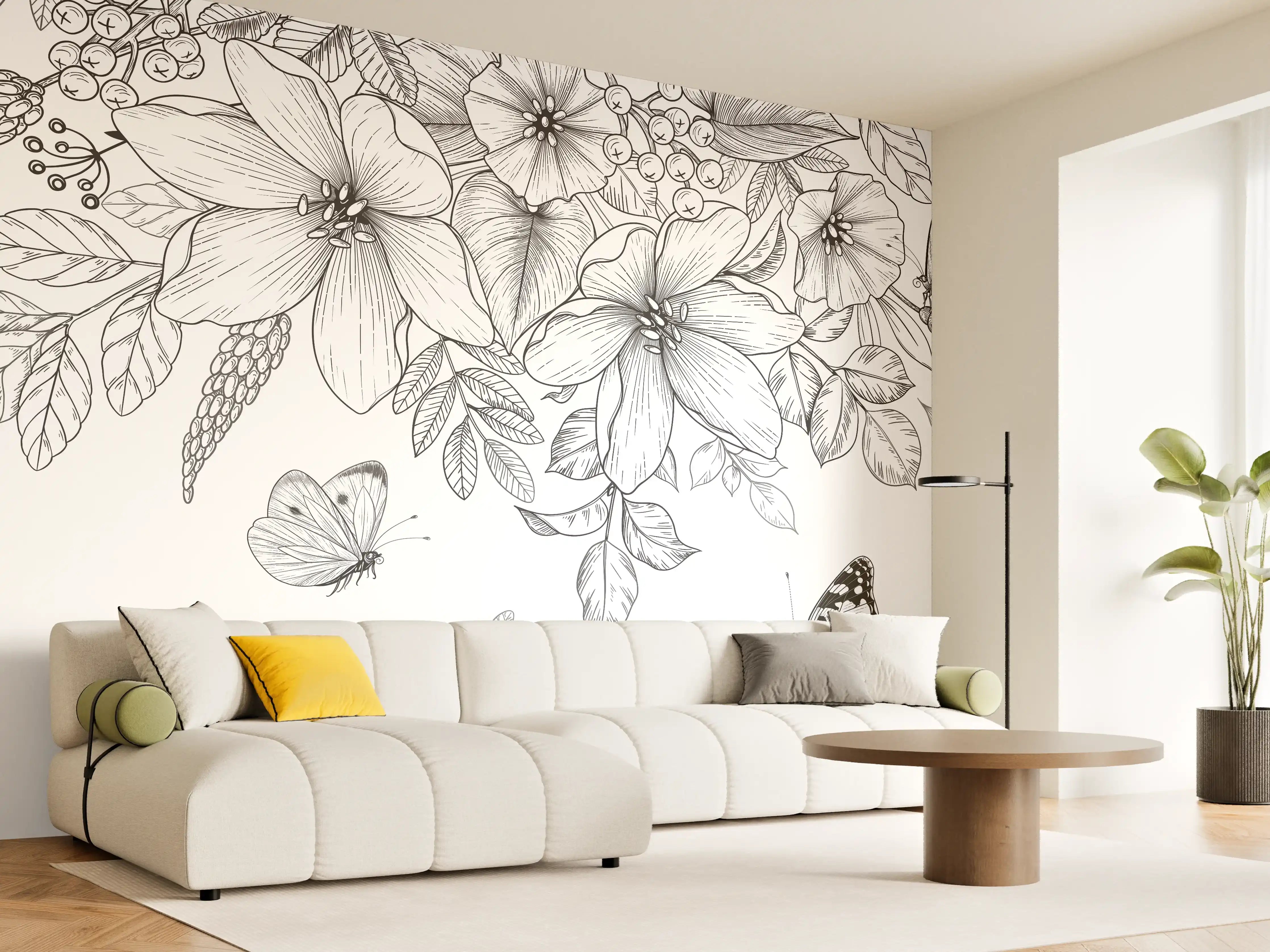 Wandverkleidung Wohnzimmer - Schwarz-Weiß Floralzeichnung