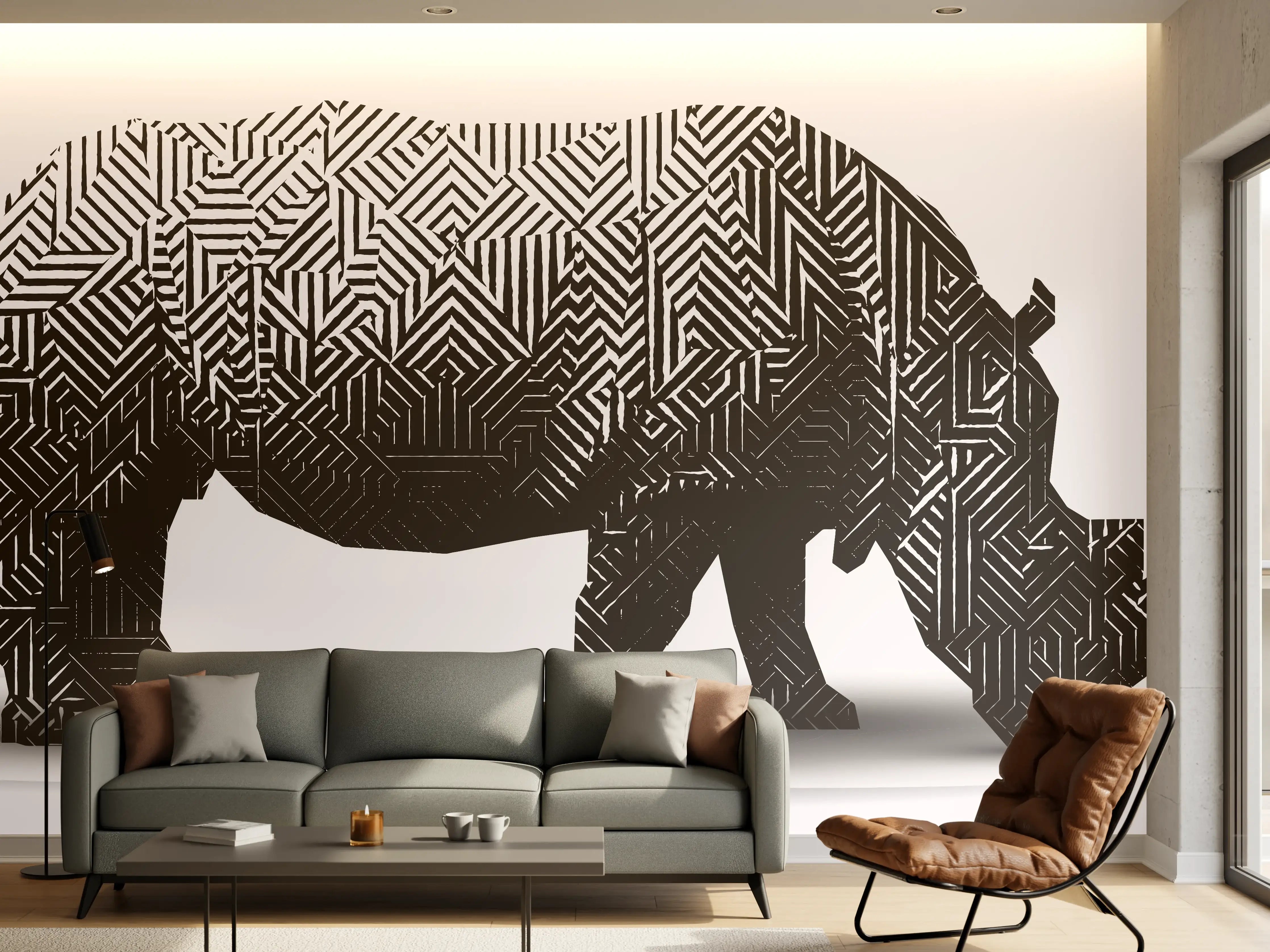 Wandverkleidung Wohnzimmer - Schwarz-Weiß Grafik Nashorn