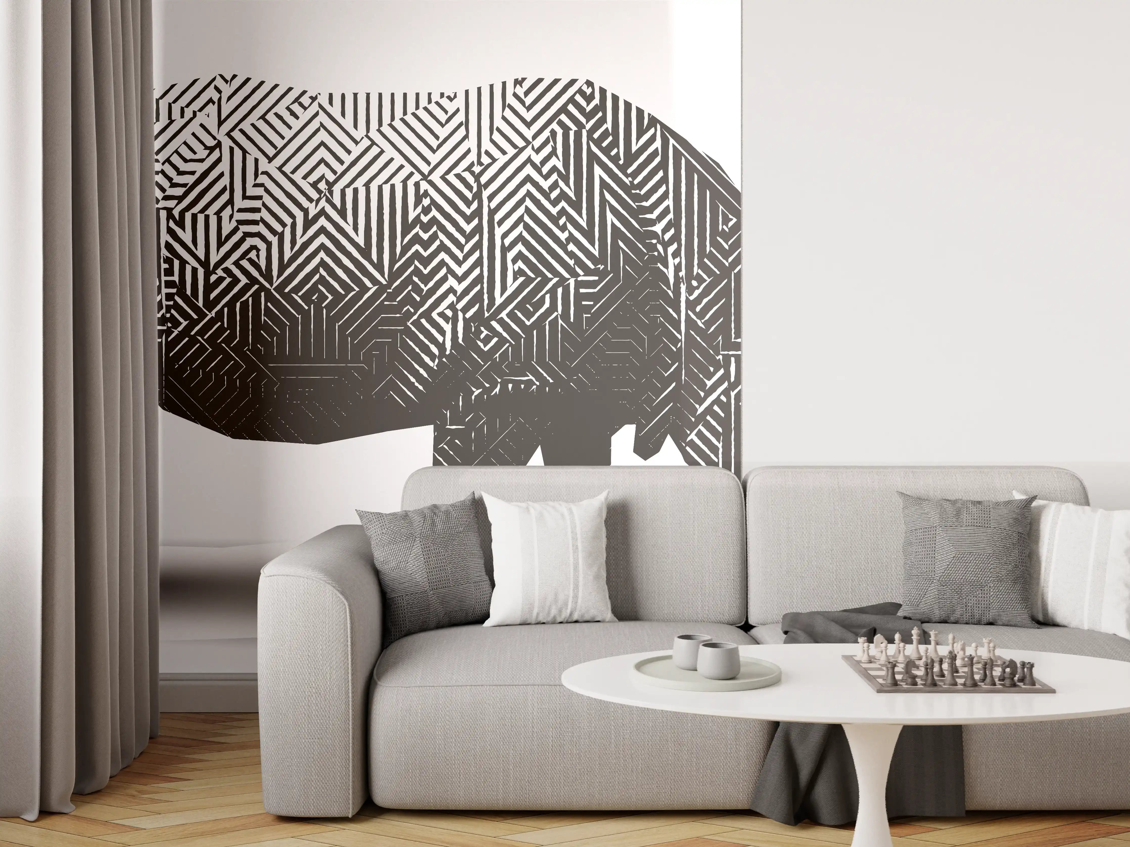 Wandverkleidung Wohnzimmer - Schwarz-Weiß Grafik Nashorn