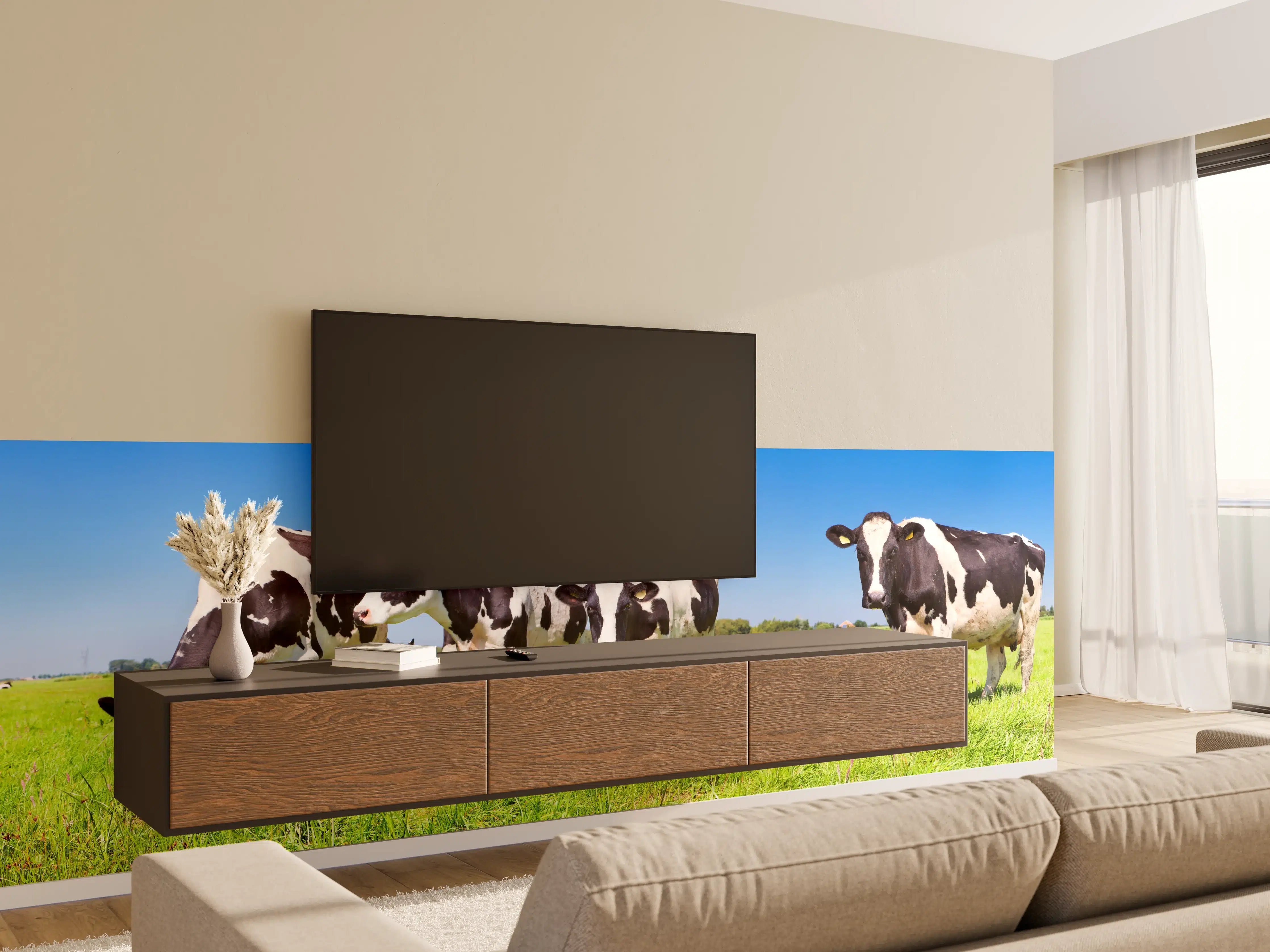 Wandverkleidung Wohnzimmer - Schwarz-Weiß-Kühe auf grüner Weide