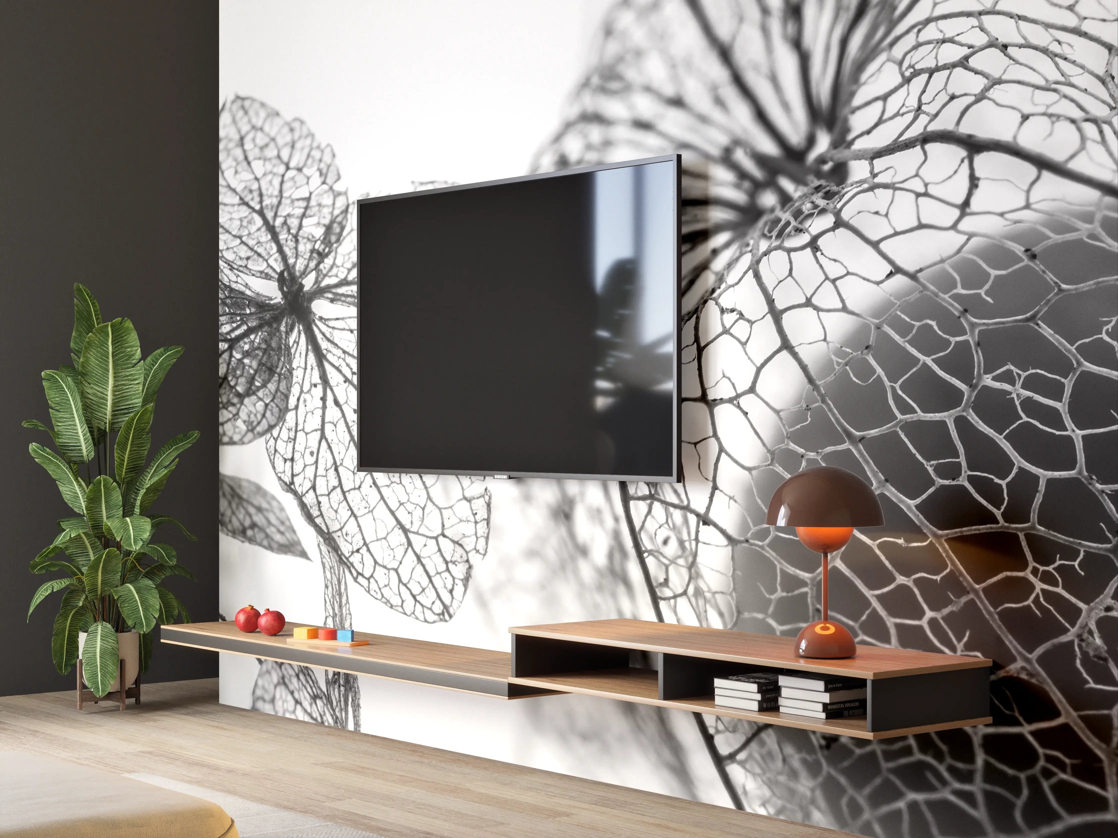 Wandverkleidung Wohnzimmer - Schwarz-Weiß-Limetten-Design mit filigranen Mustern