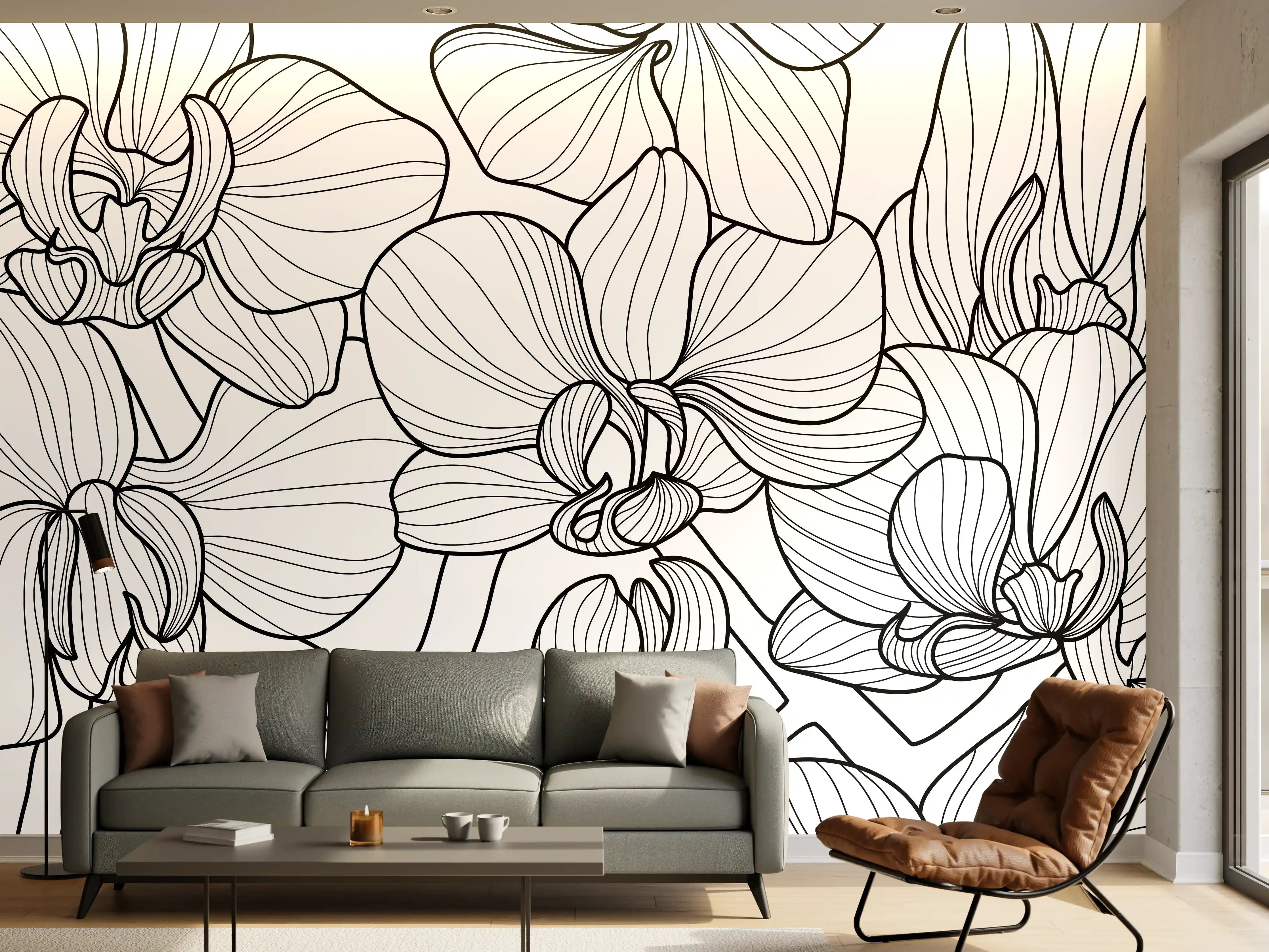 Wandverkleidung Wohnzimmer - Schwarz-Weiß Orchideenzeichnung