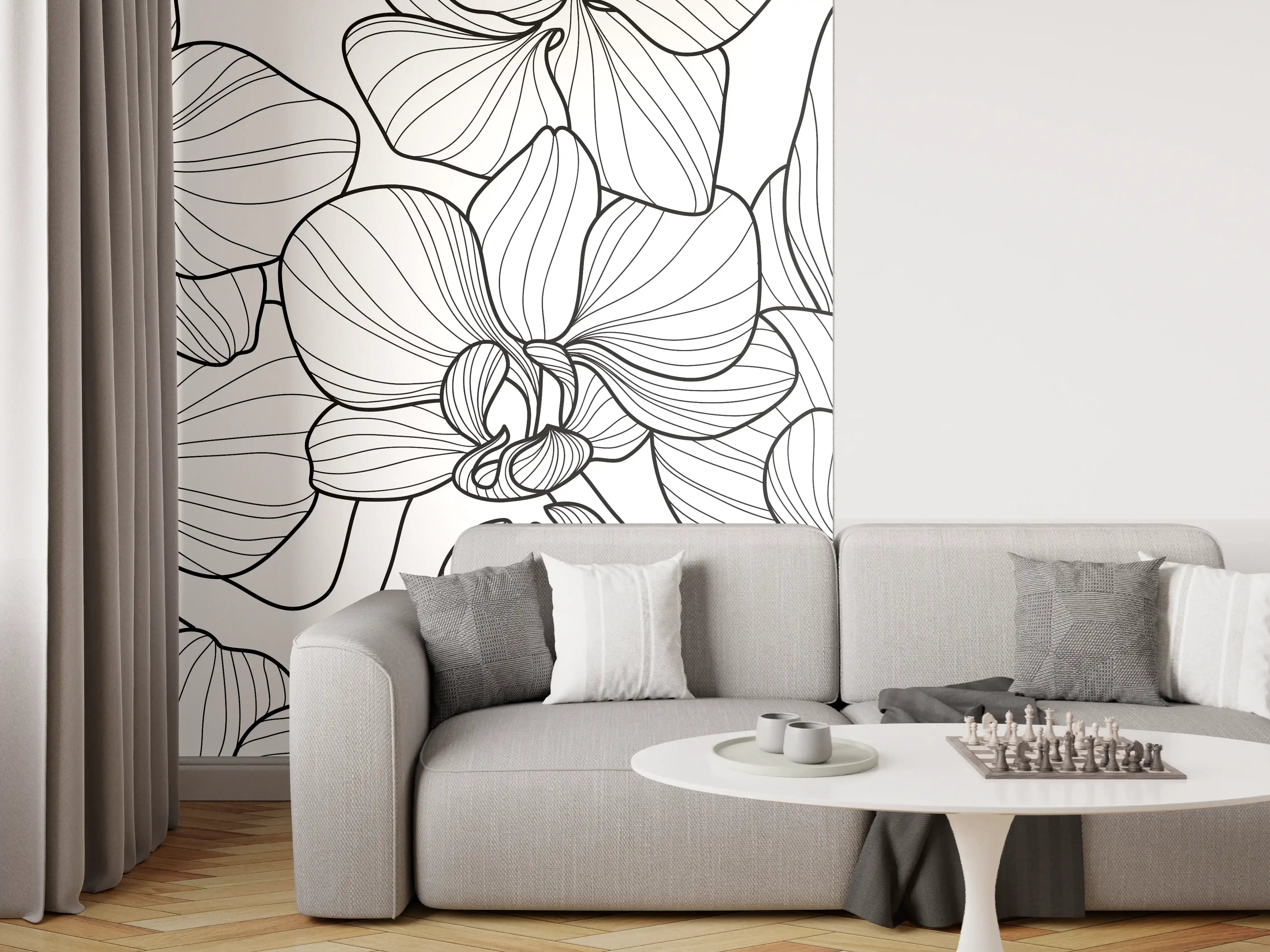 Wandverkleidung Wohnzimmer - Schwarz-Weiß Orchideenzeichnung