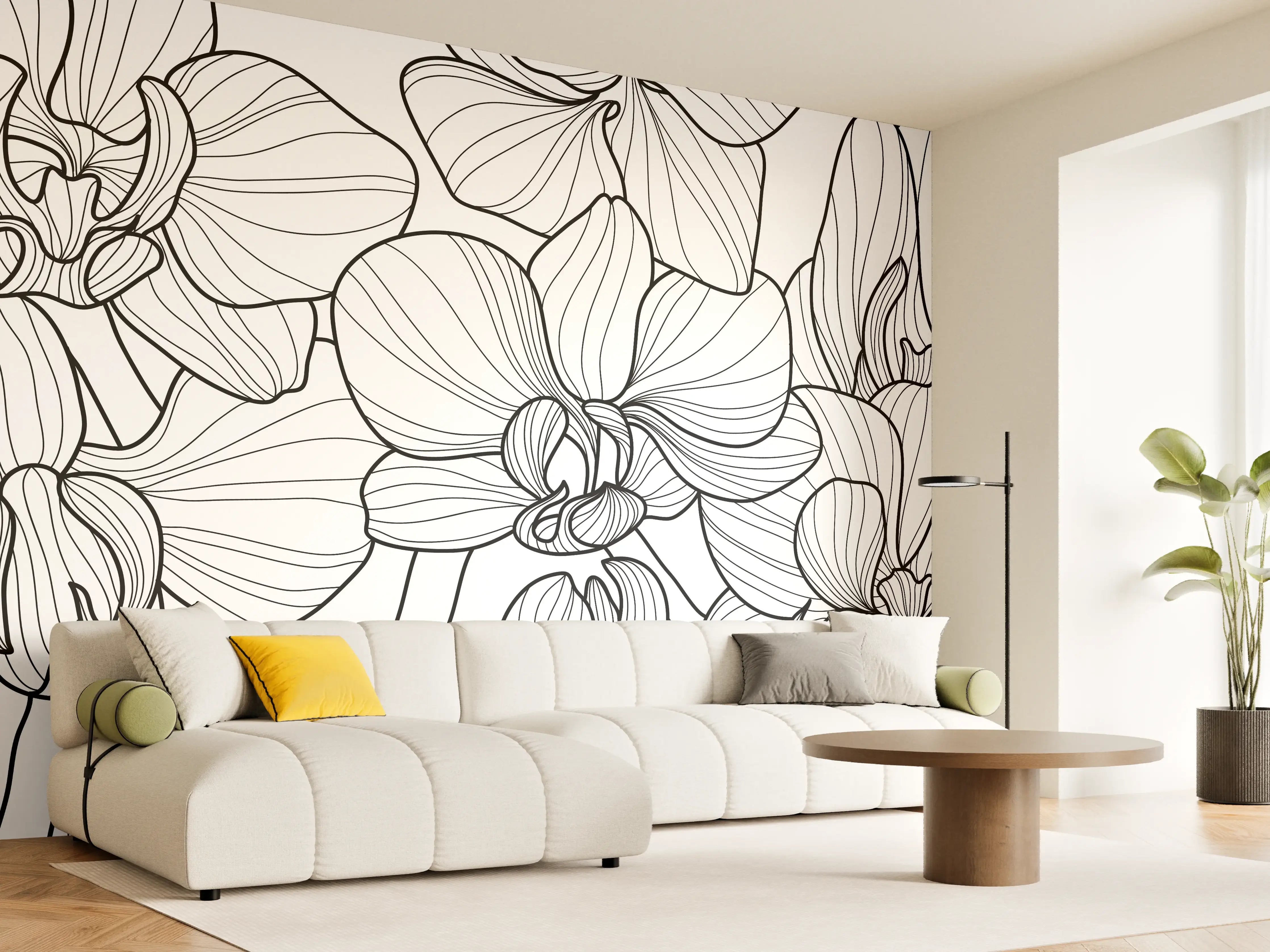 Wandverkleidung Wohnzimmer - Schwarz-Weiß Orchideenzeichnung