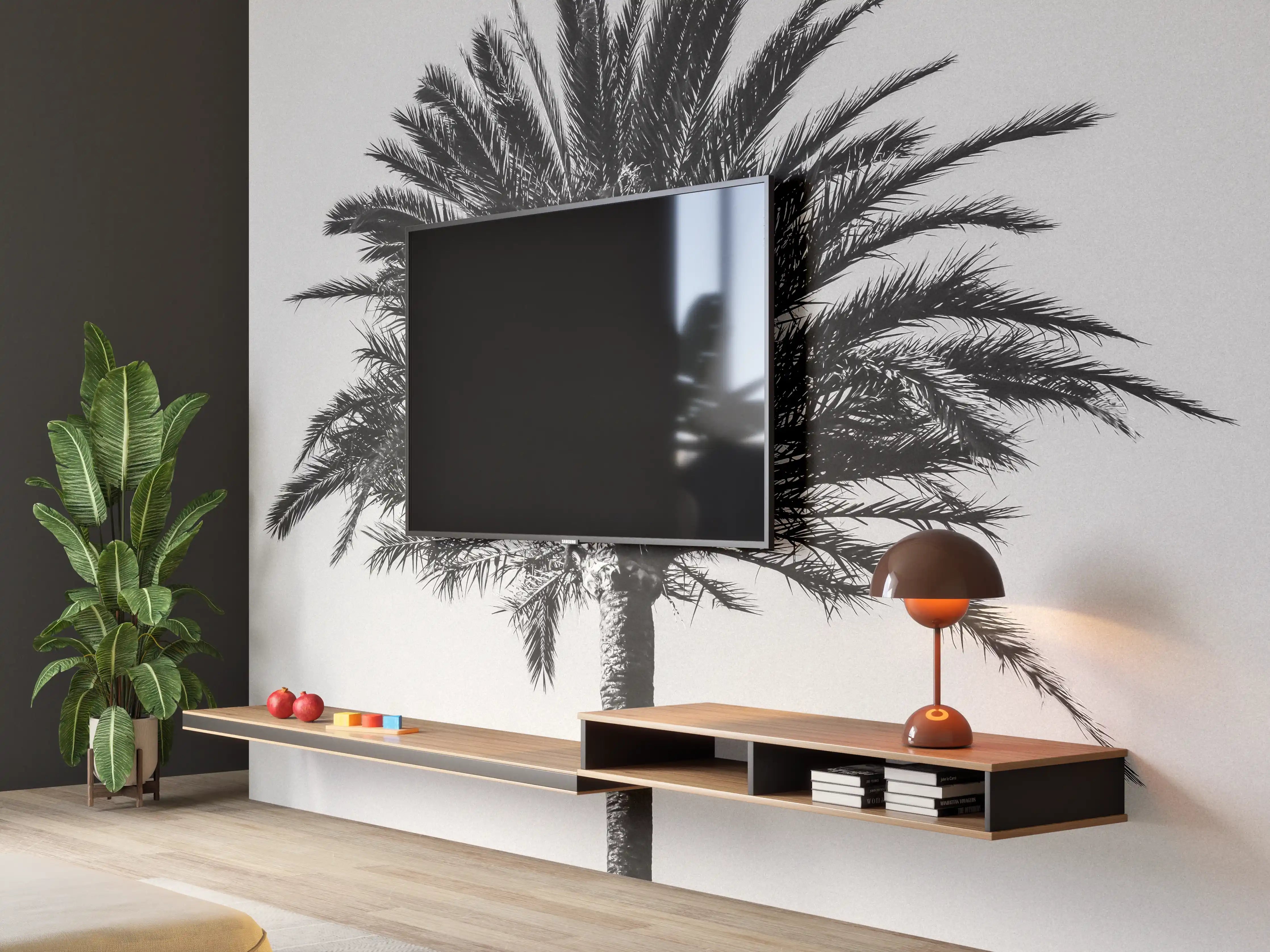 Wandverkleidung Wohnzimmer - Schwarz-Weiß-Palme in Minimalistischem Stil
