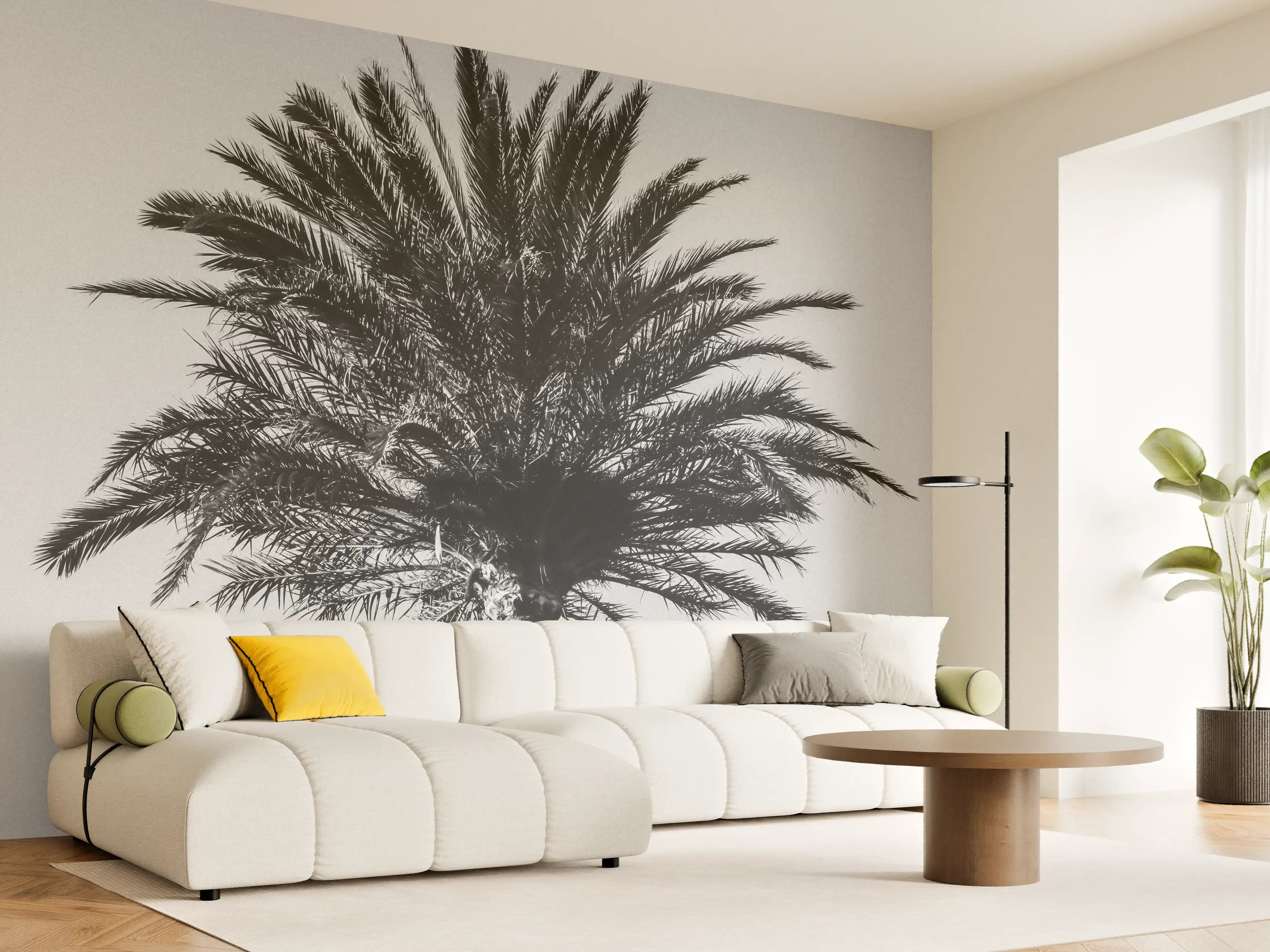 Wandverkleidung Wohnzimmer - Schwarz-Weiß-Palme in Minimalistischem Stil