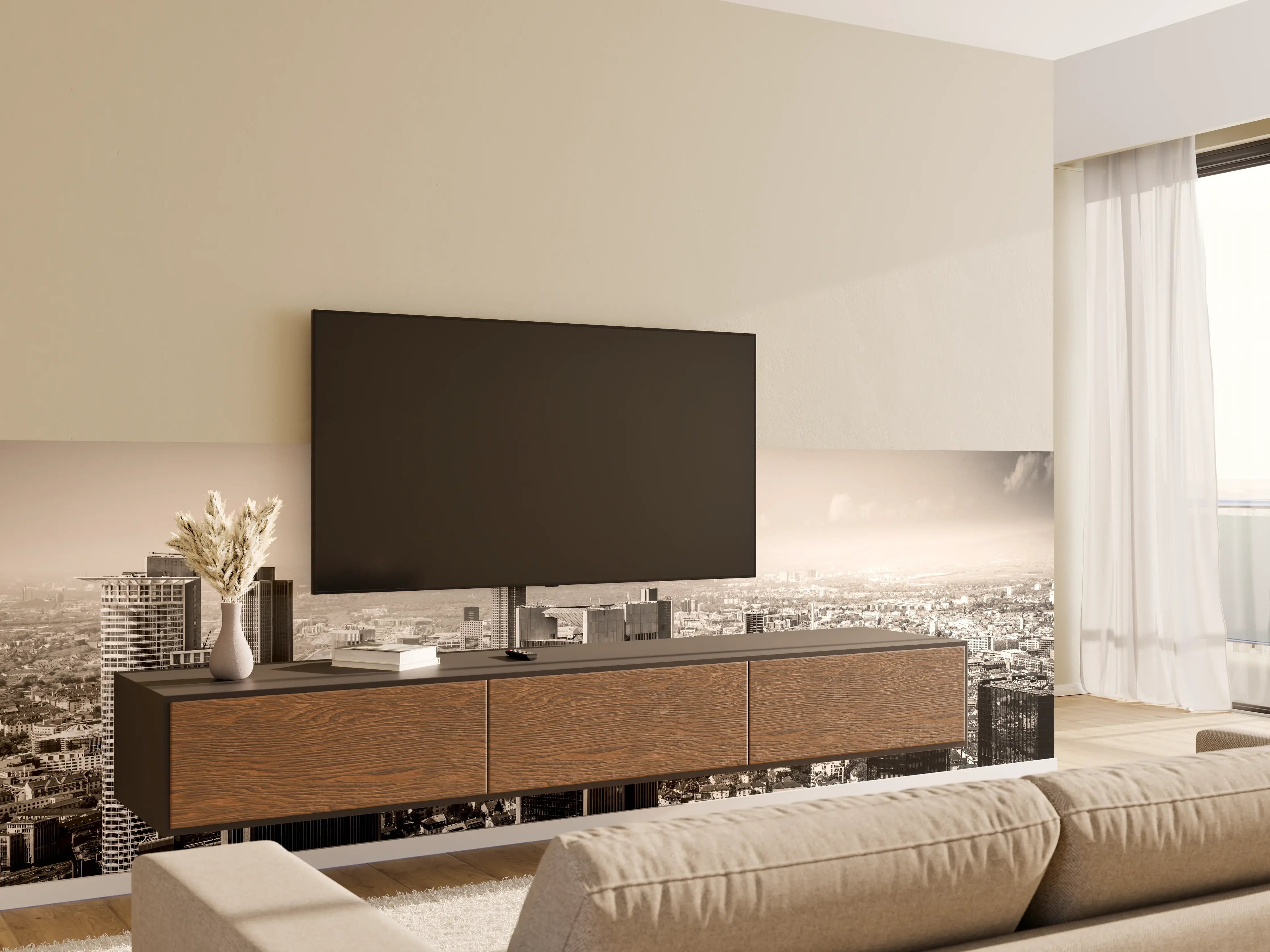 Wandverkleidung Wohnzimmer - Schwarz-Weiß Skyline Panorama