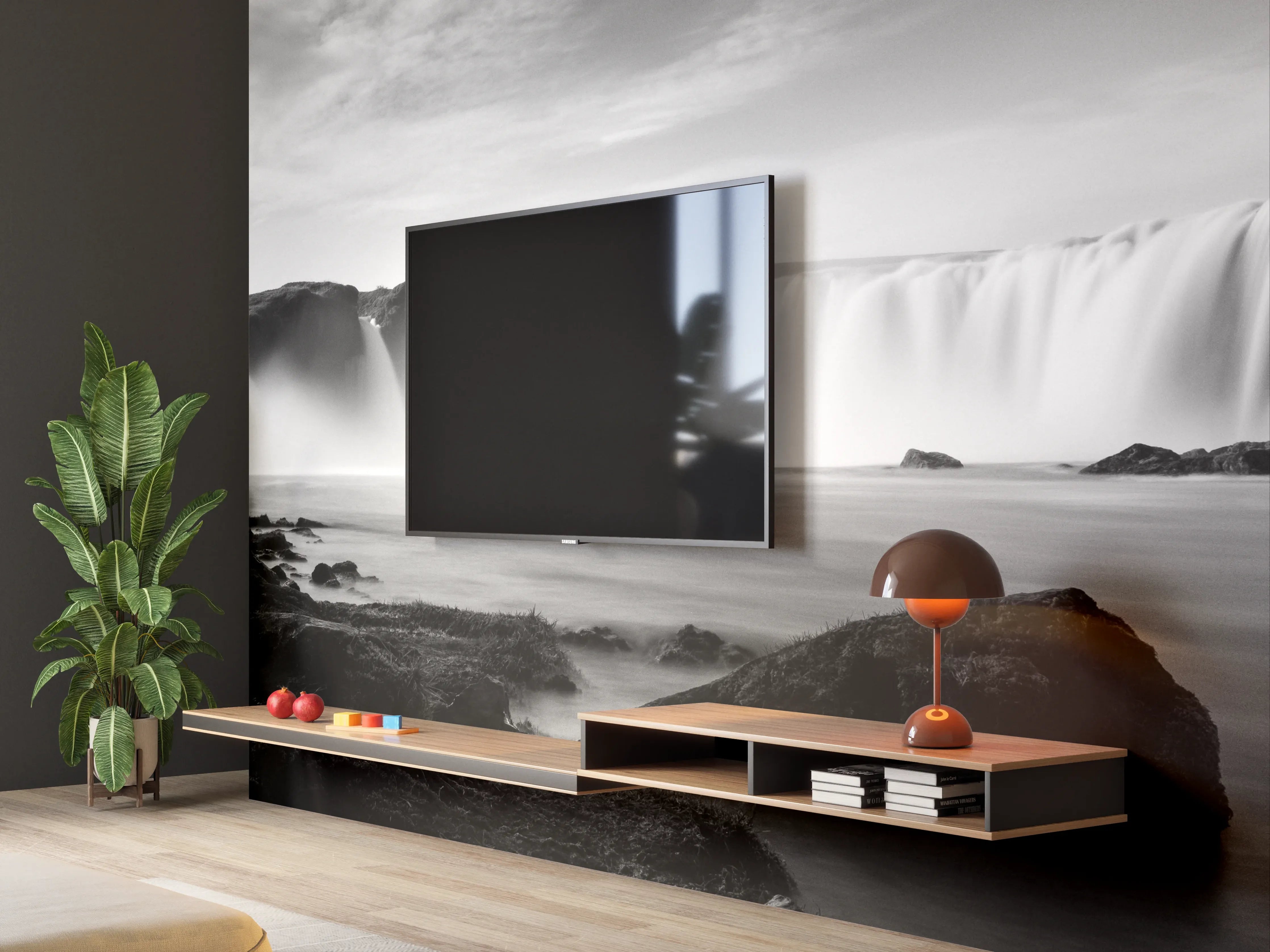 Wandverkleidung Wohnzimmer - Schwarz-Weiß Wasserfall Landschaft