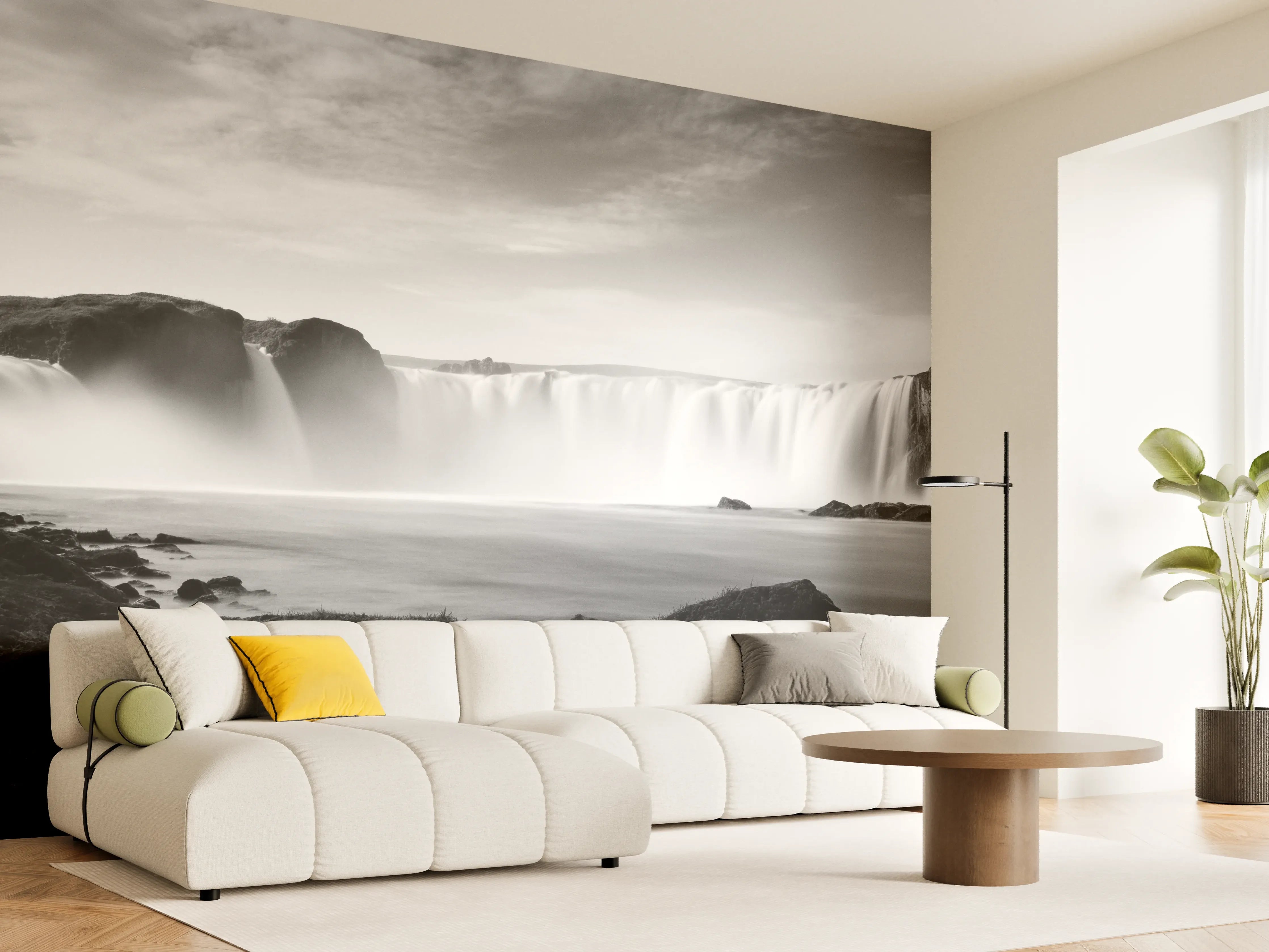 Wandverkleidung Wohnzimmer - Schwarz-Weiß Wasserfall Landschaft