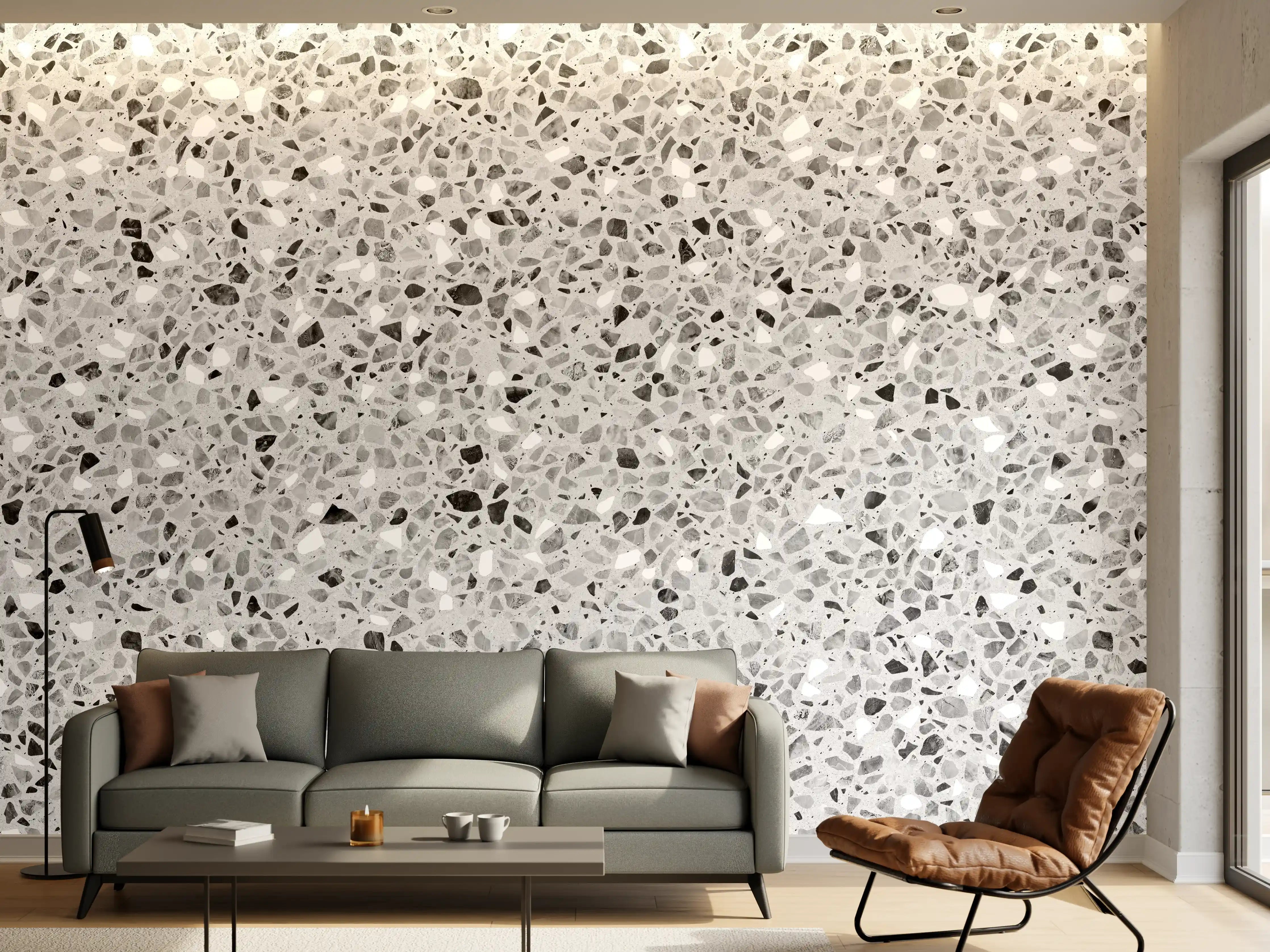 Wandverkleidung Wohnzimmer - Schwarz-Weiße graue Terrazzo Stein Textur