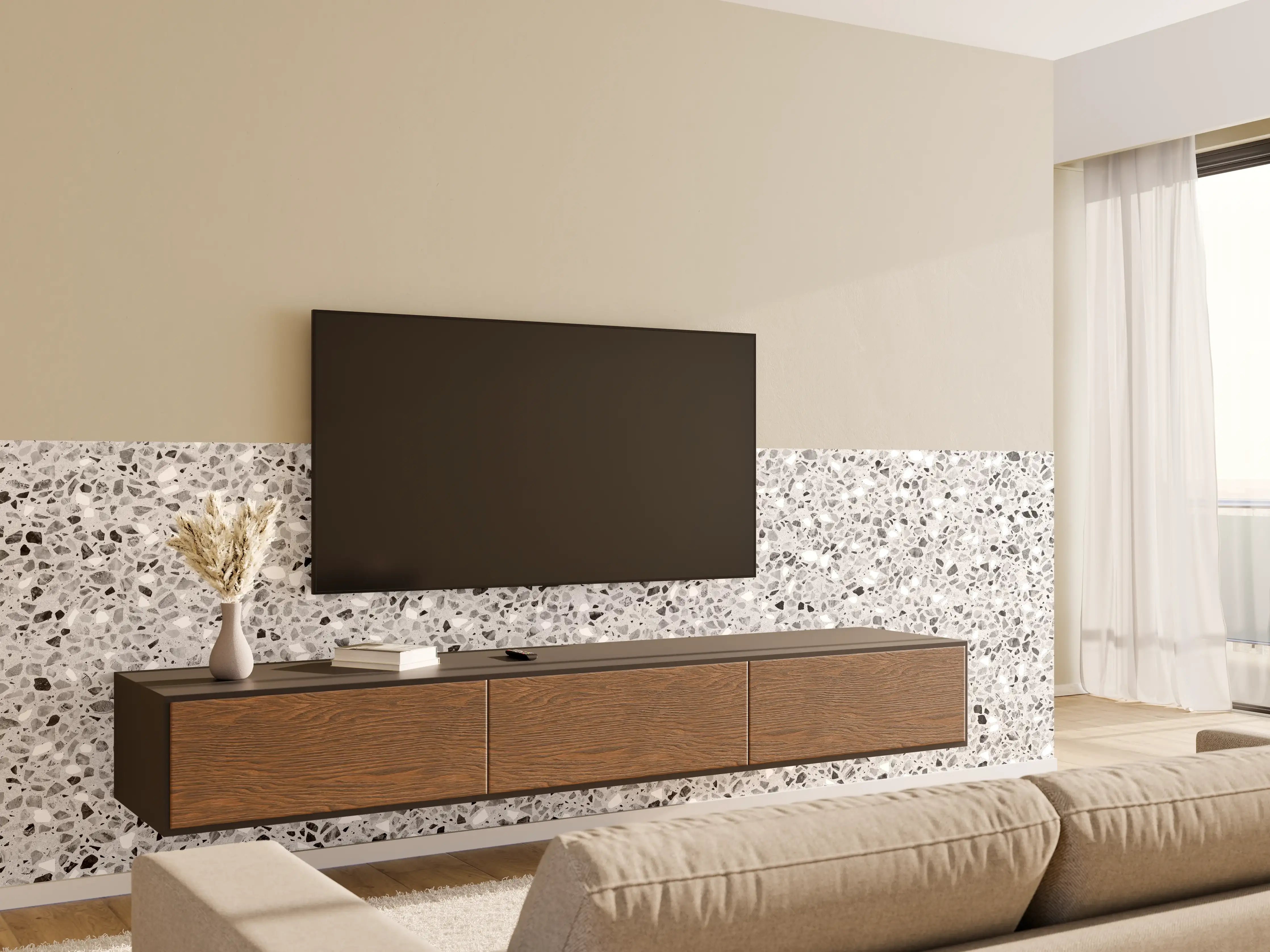 Wandverkleidung Wohnzimmer - Schwarz-Weiße graue Terrazzo Stein Textur