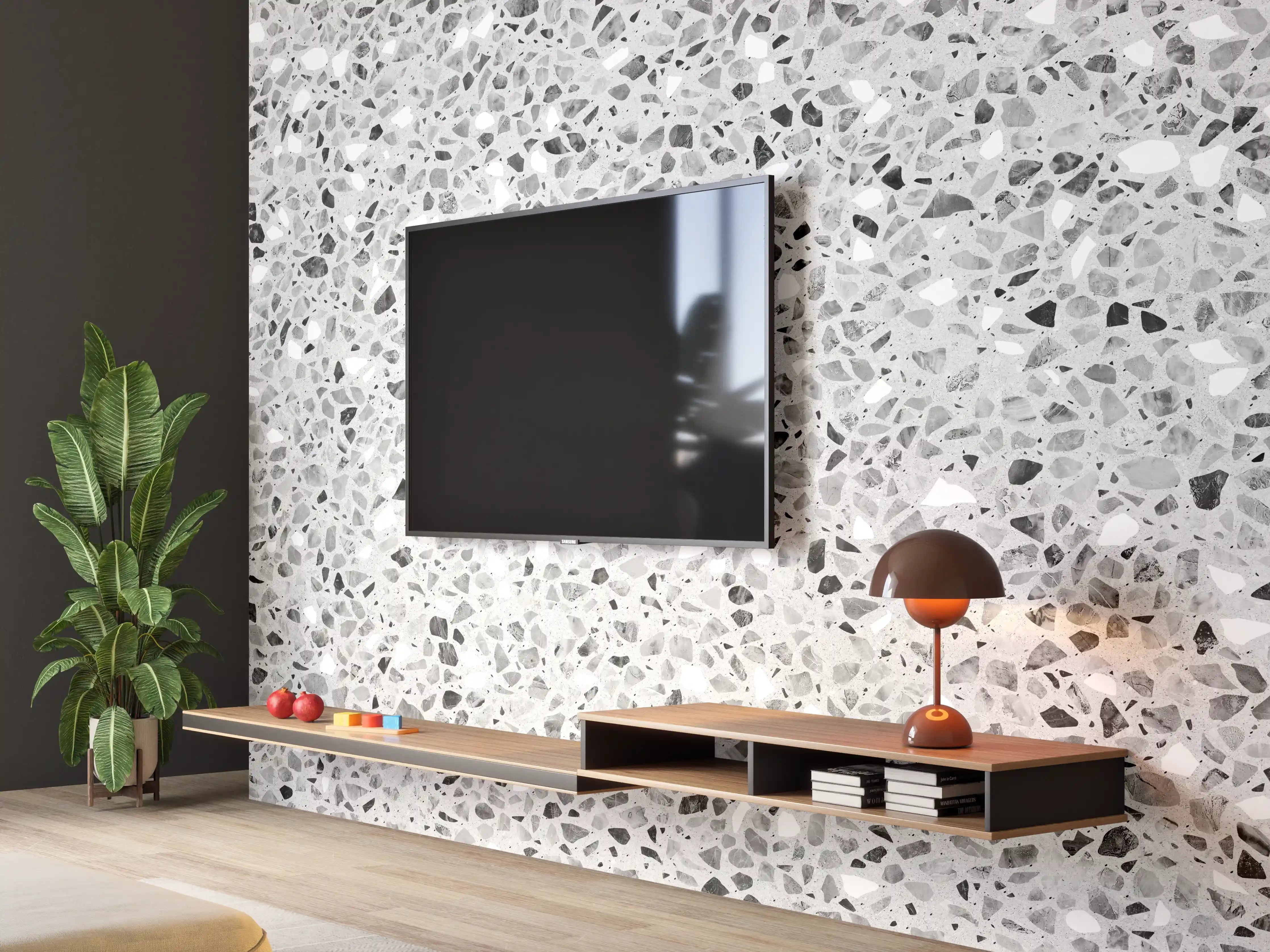 Wandverkleidung Wohnzimmer - Schwarz-Weiße graue Terrazzo Stein Textur