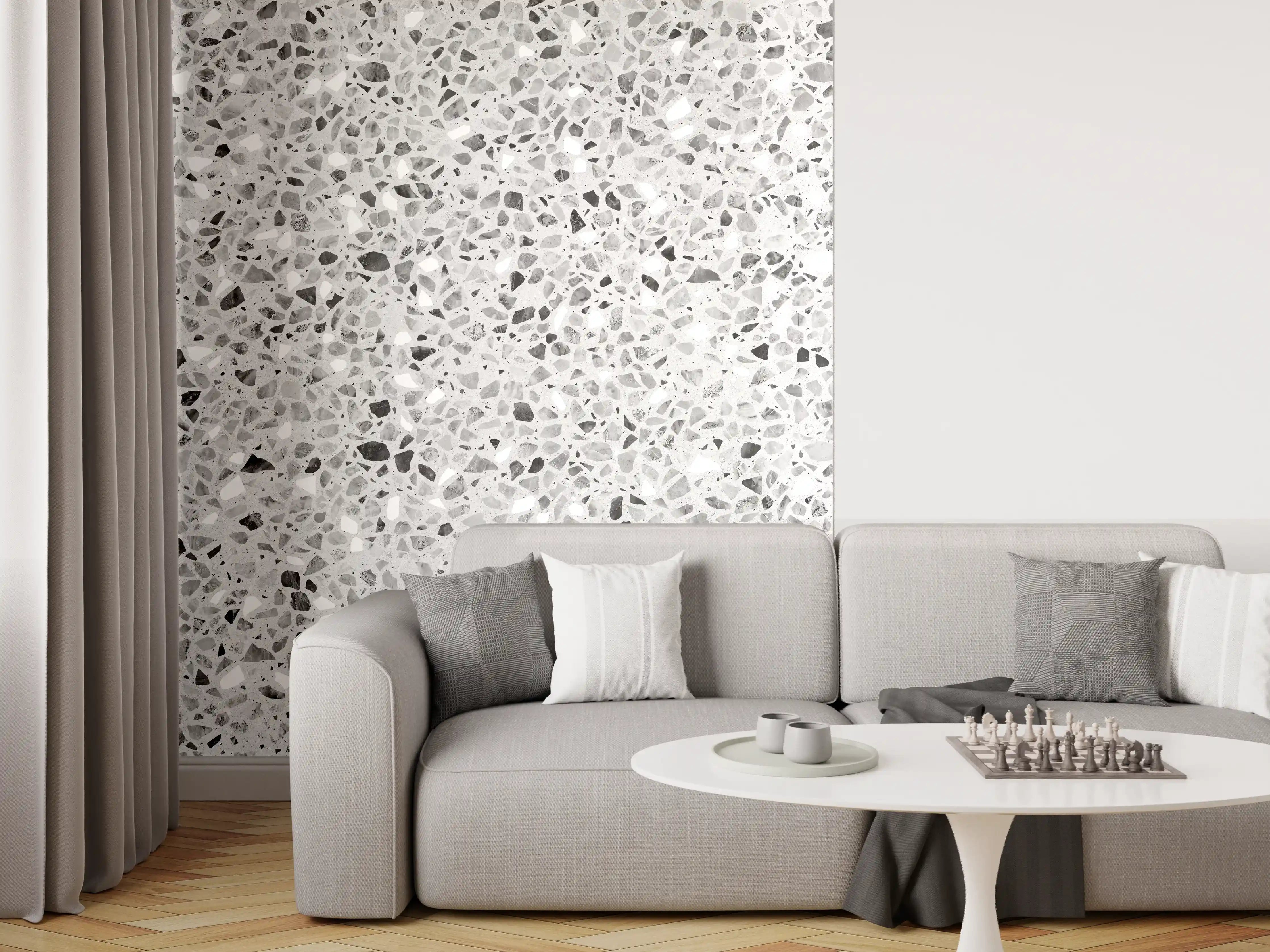 Wandverkleidung Wohnzimmer - Schwarz-Weiße graue Terrazzo Stein Textur