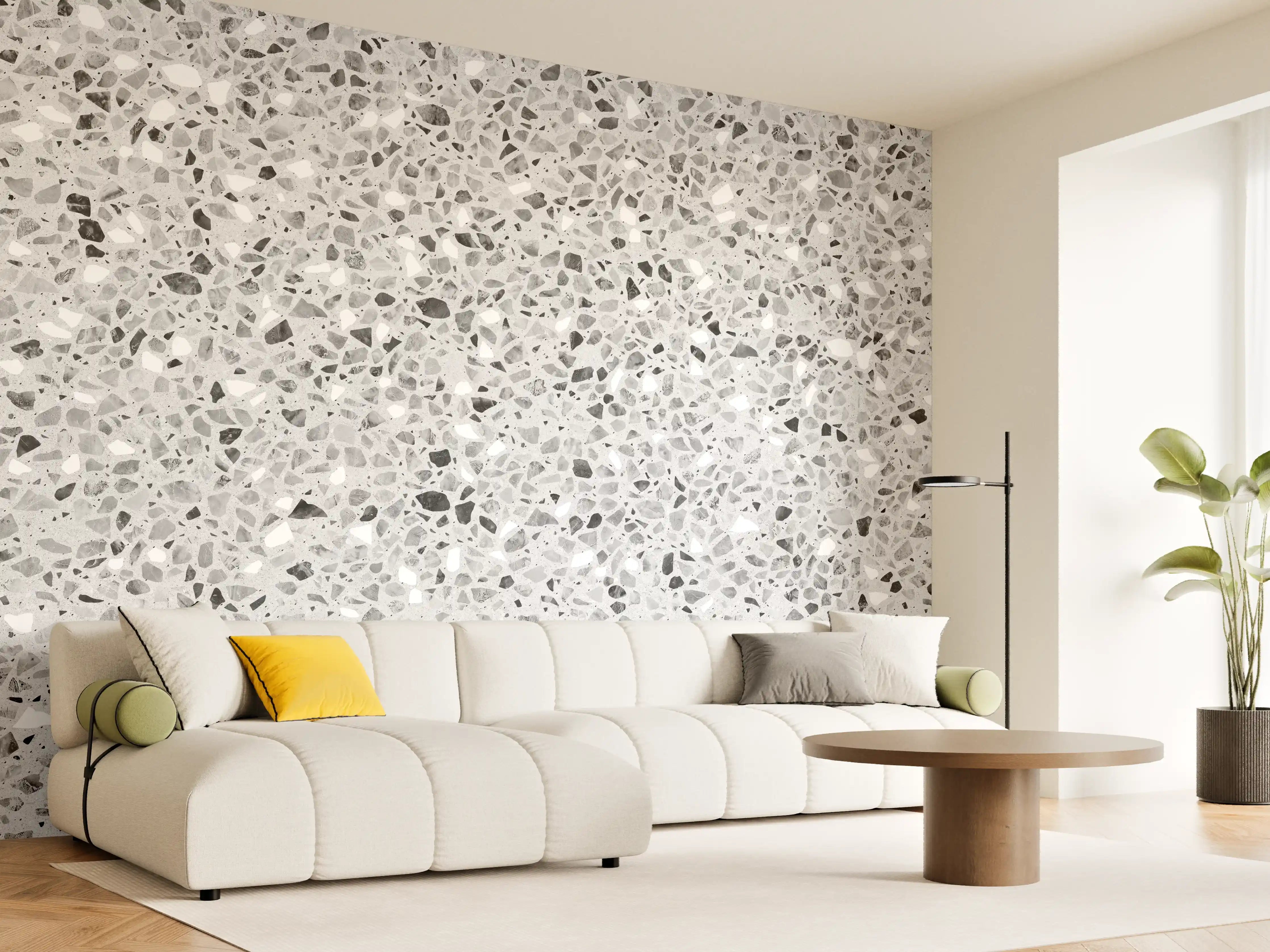 Wandverkleidung Wohnzimmer - Schwarz-Weiße graue Terrazzo Stein Textur