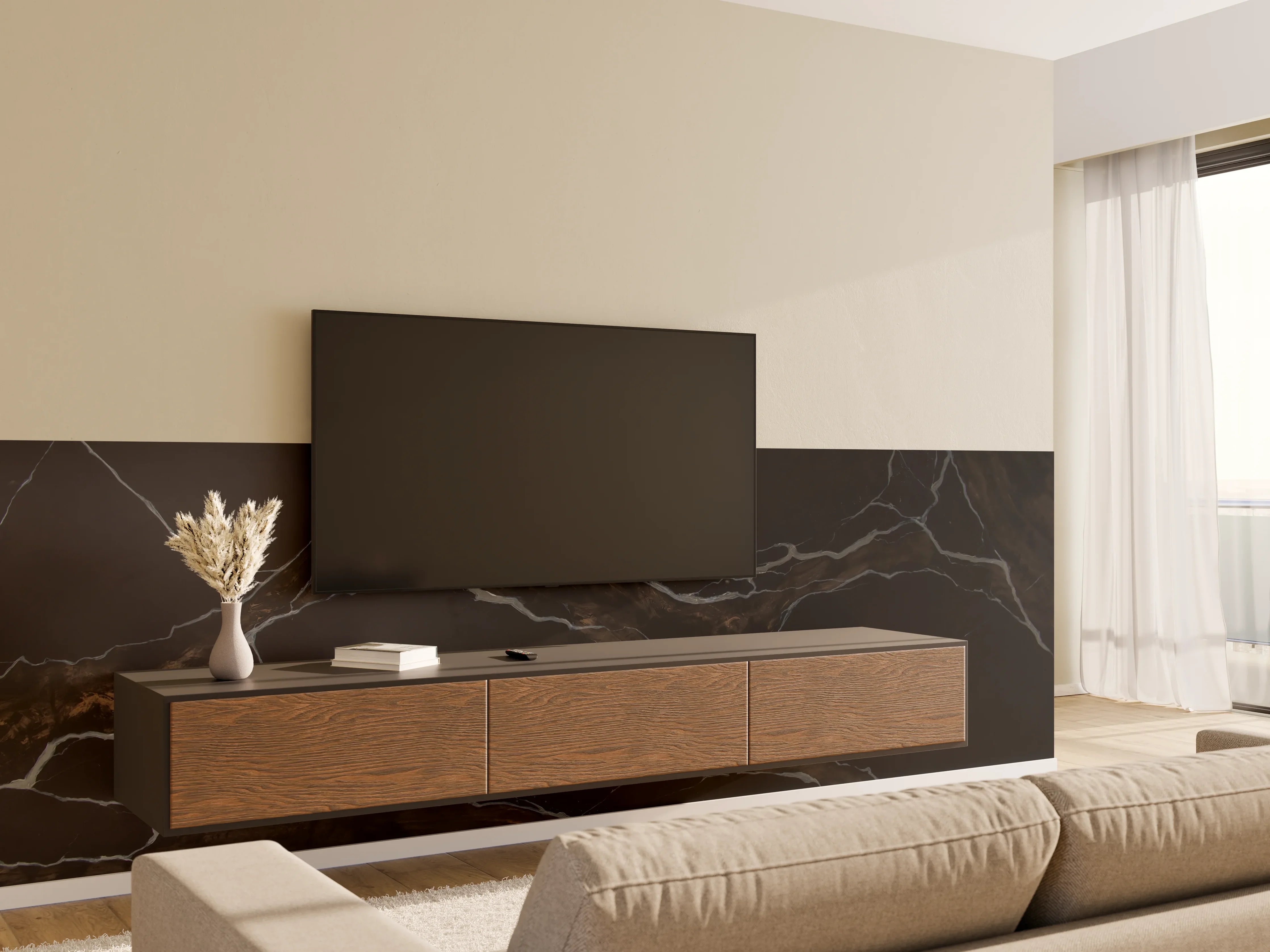 Wandverkleidung Wohnzimmer - Schwarz-brauner Marmor