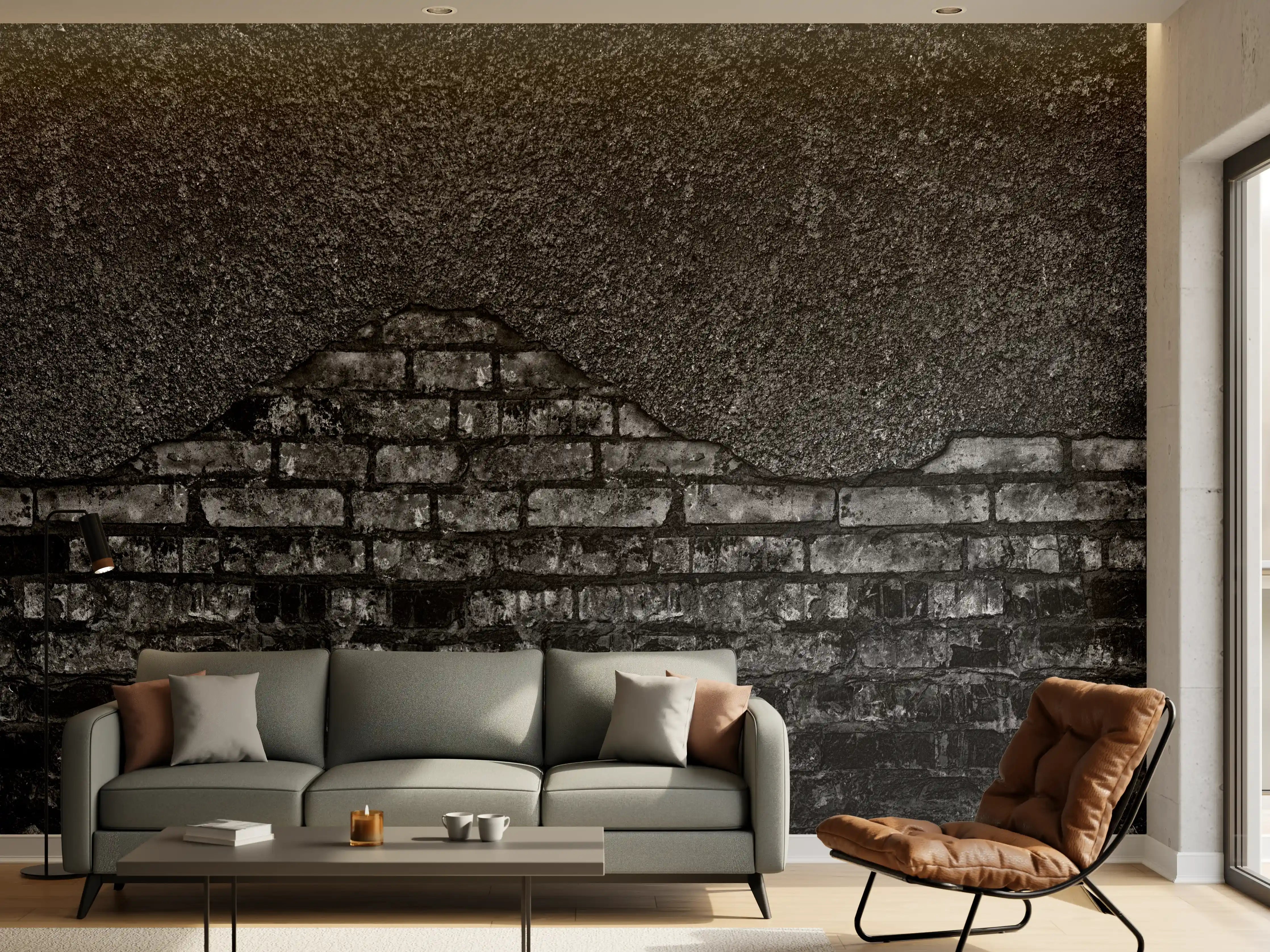 Wandverkleidung Wohnzimmer - Schwarz gebrannte Ziegelwand mit abgefallenem Putz