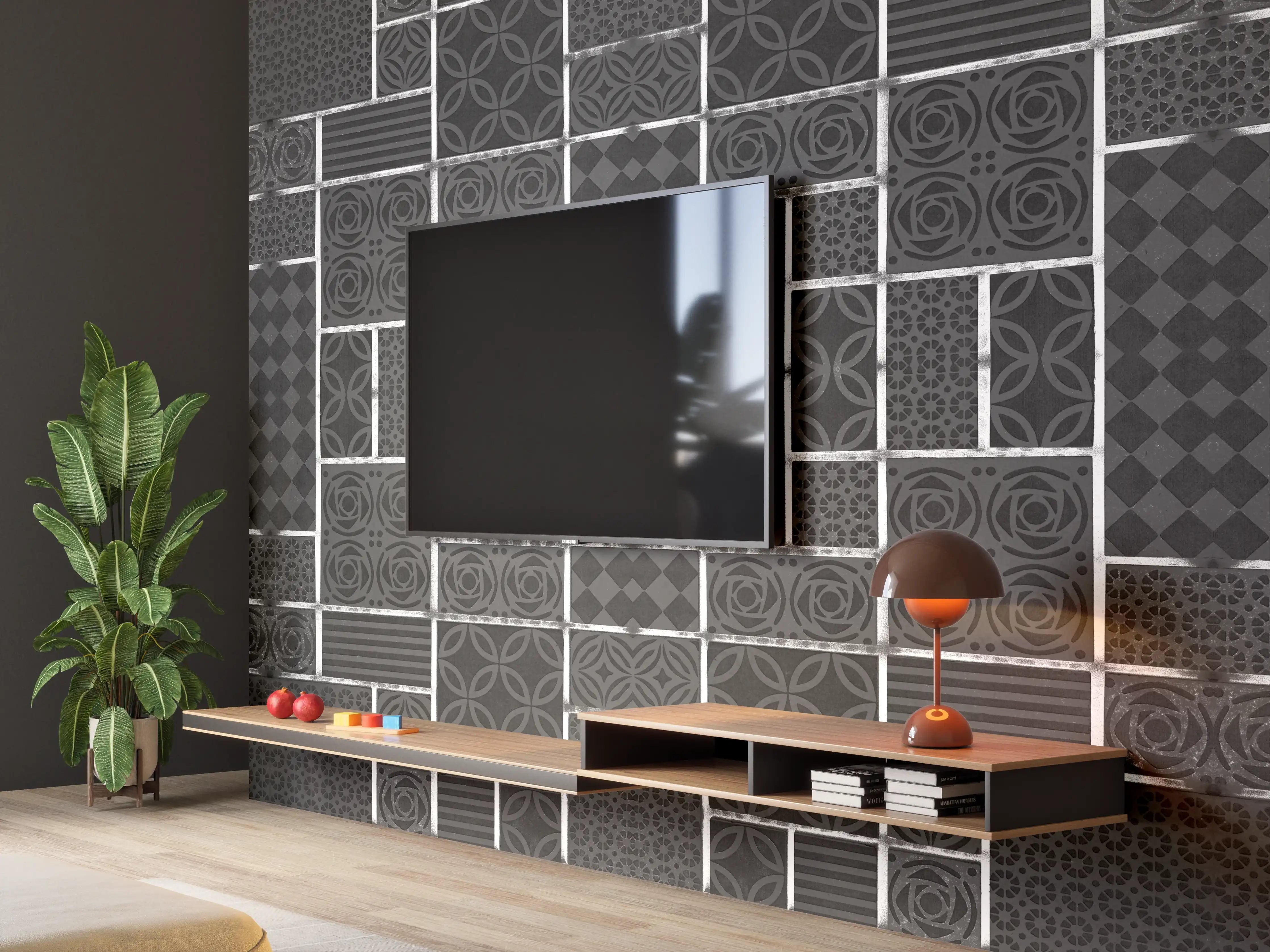 Wandverkleidung Wohnzimmer - Schwarz geometrische Fliesen