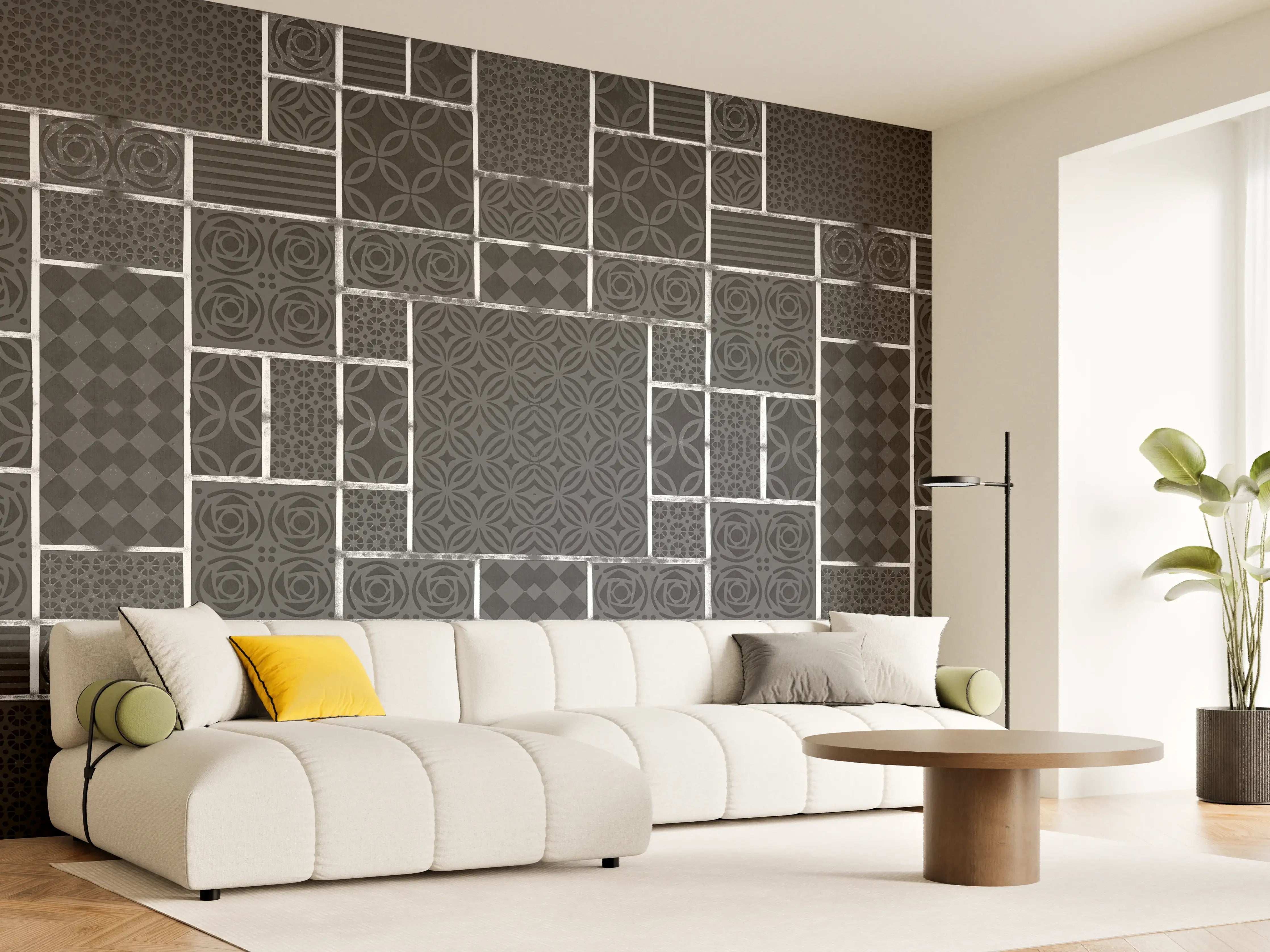 Wandverkleidung Wohnzimmer - Schwarz geometrische Fliesen