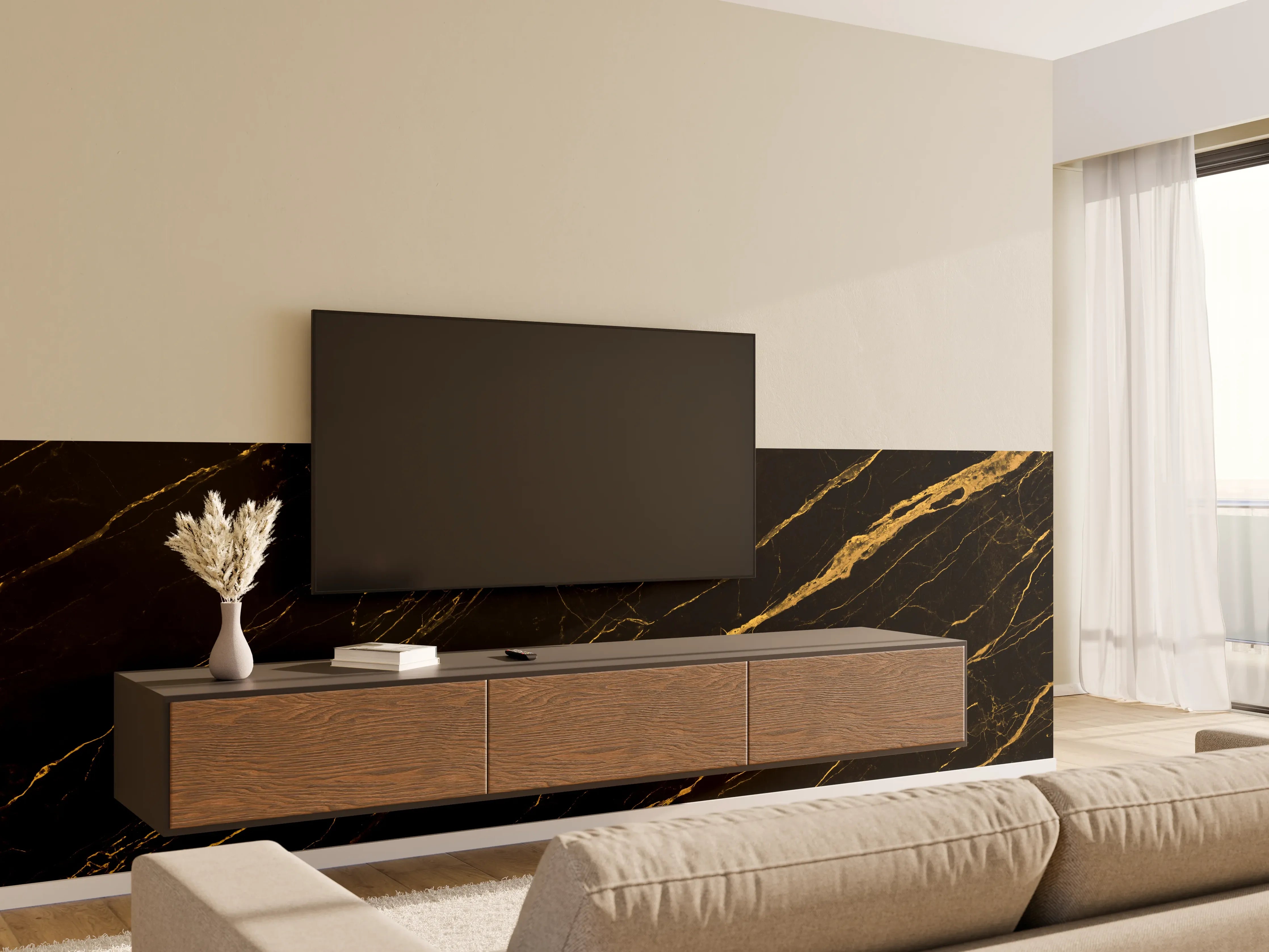 Wandverkleidung Wohnzimmer - Schwarz goldener Marmor