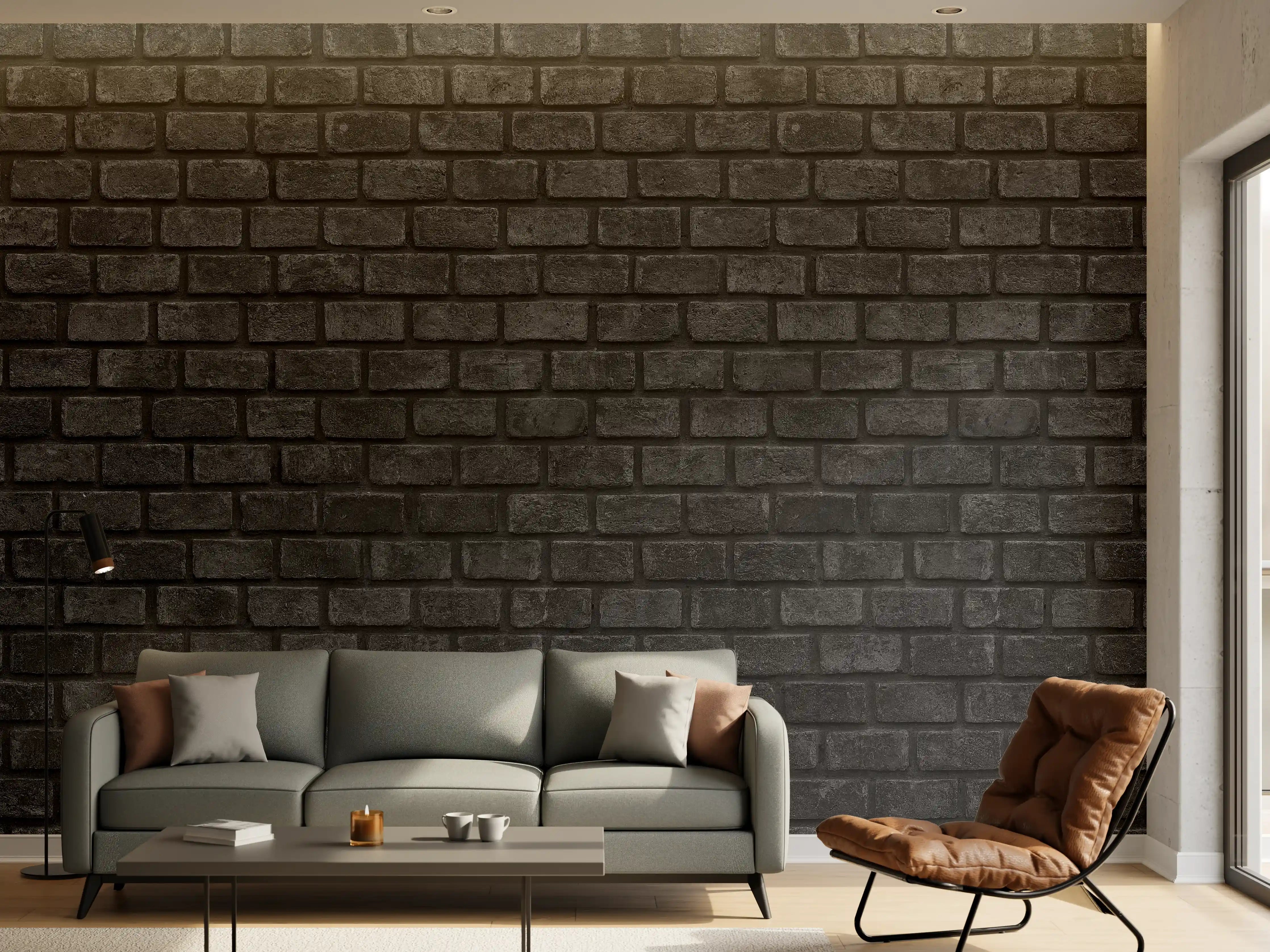 Wandverkleidung Wohnzimmer - Schwarz graue Ziegelwand