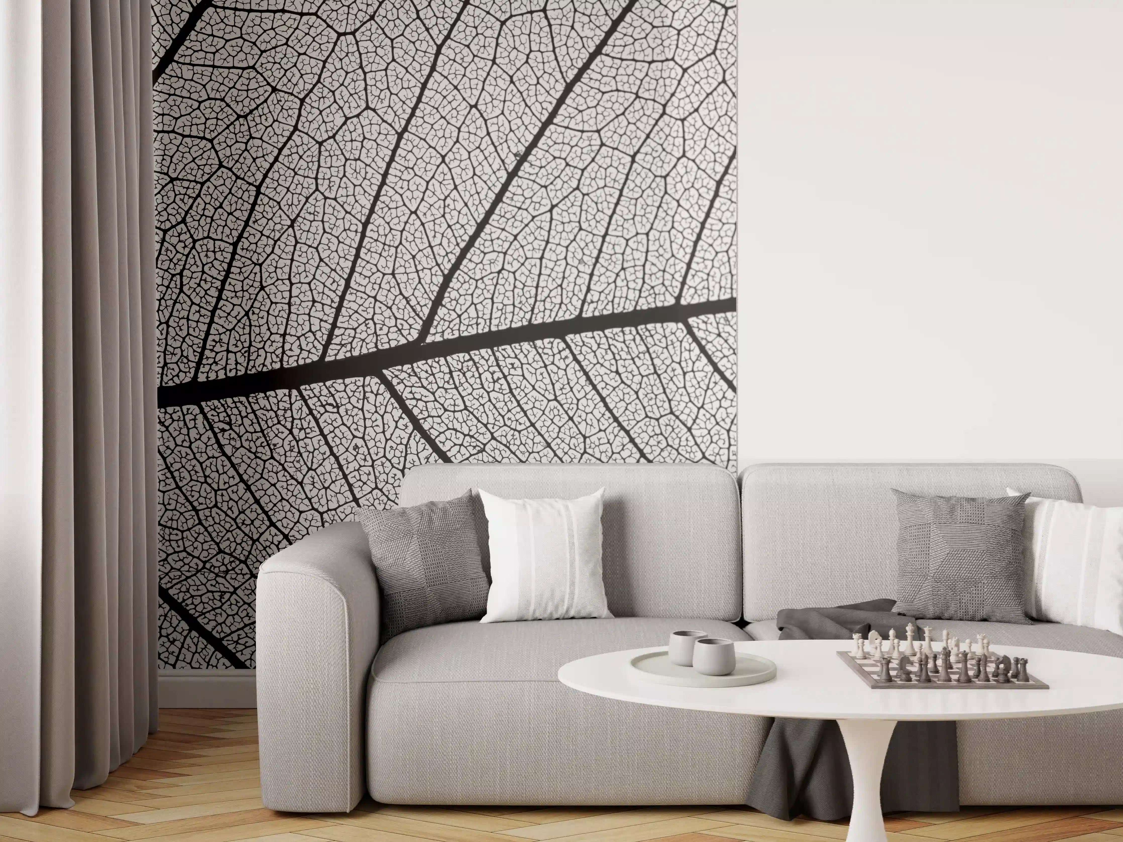 Wandverkleidung Wohnzimmer - Schwarz-graues Blättermuster mit feinen Strukturen
