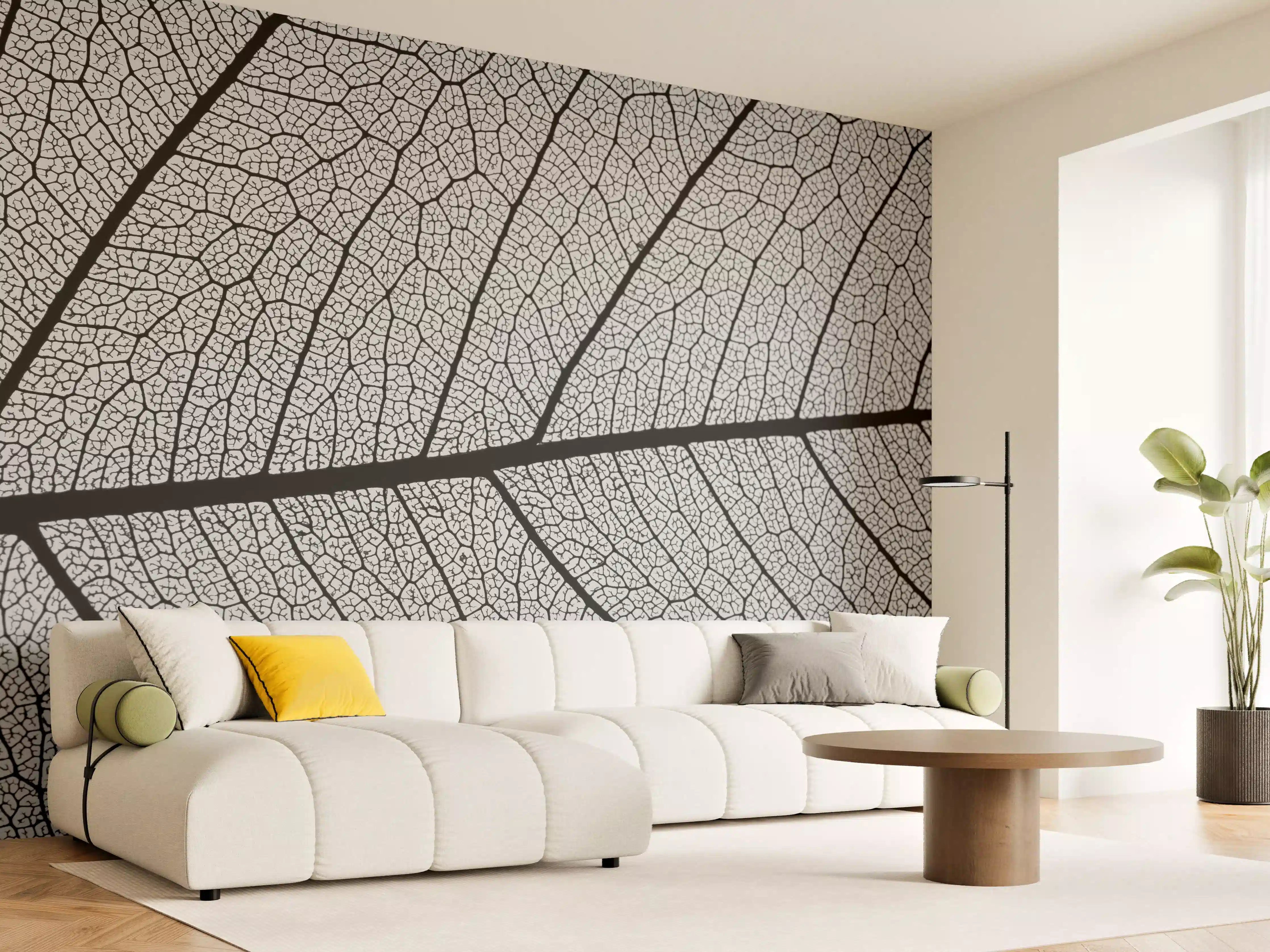 Wandverkleidung Wohnzimmer - Schwarz-graues Blättermuster mit feinen Strukturen
