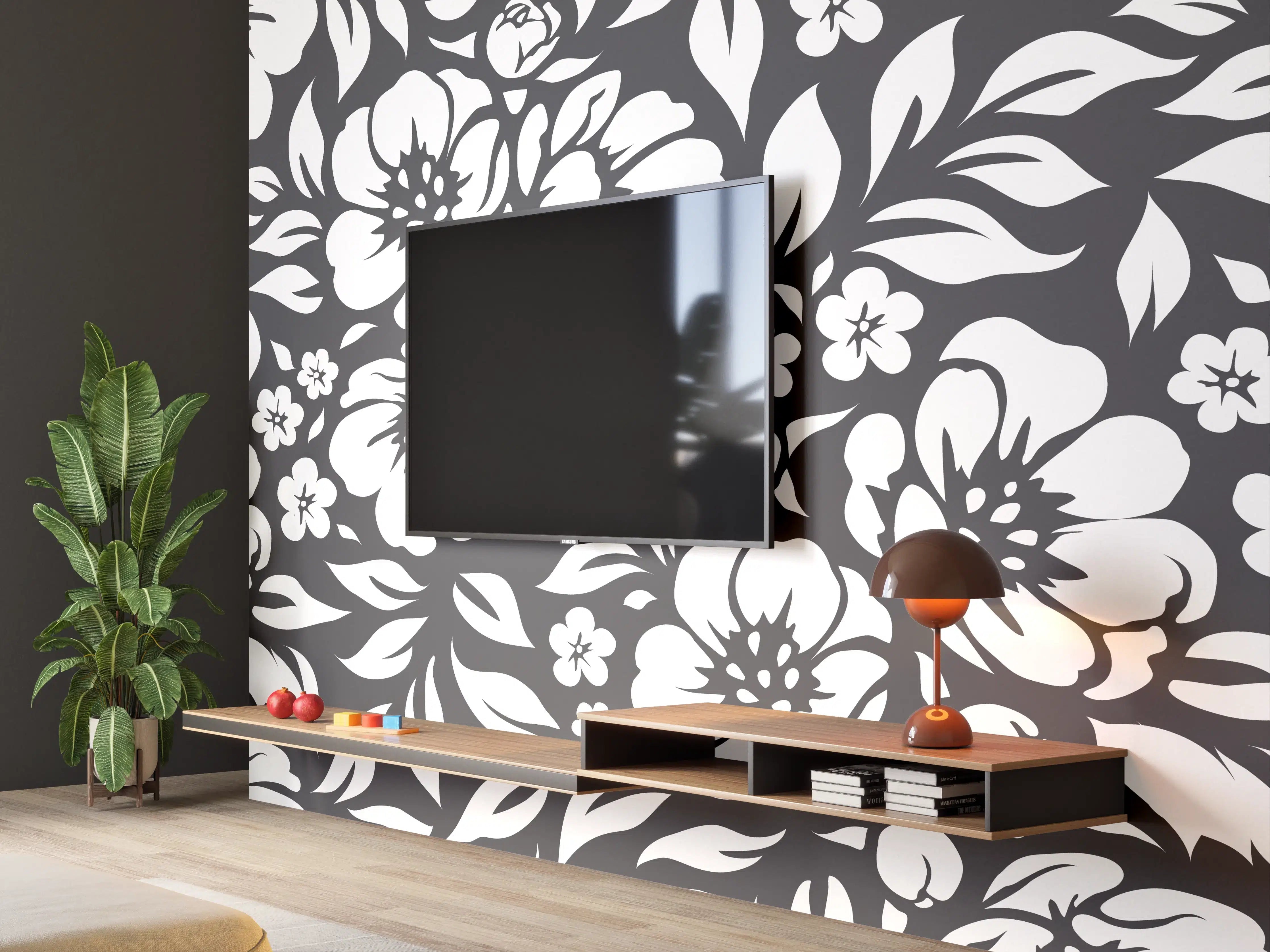 Wandverkleidung Wohnzimmer - Schwarz-weiße Blumenmuster - Elegant und zeitlos