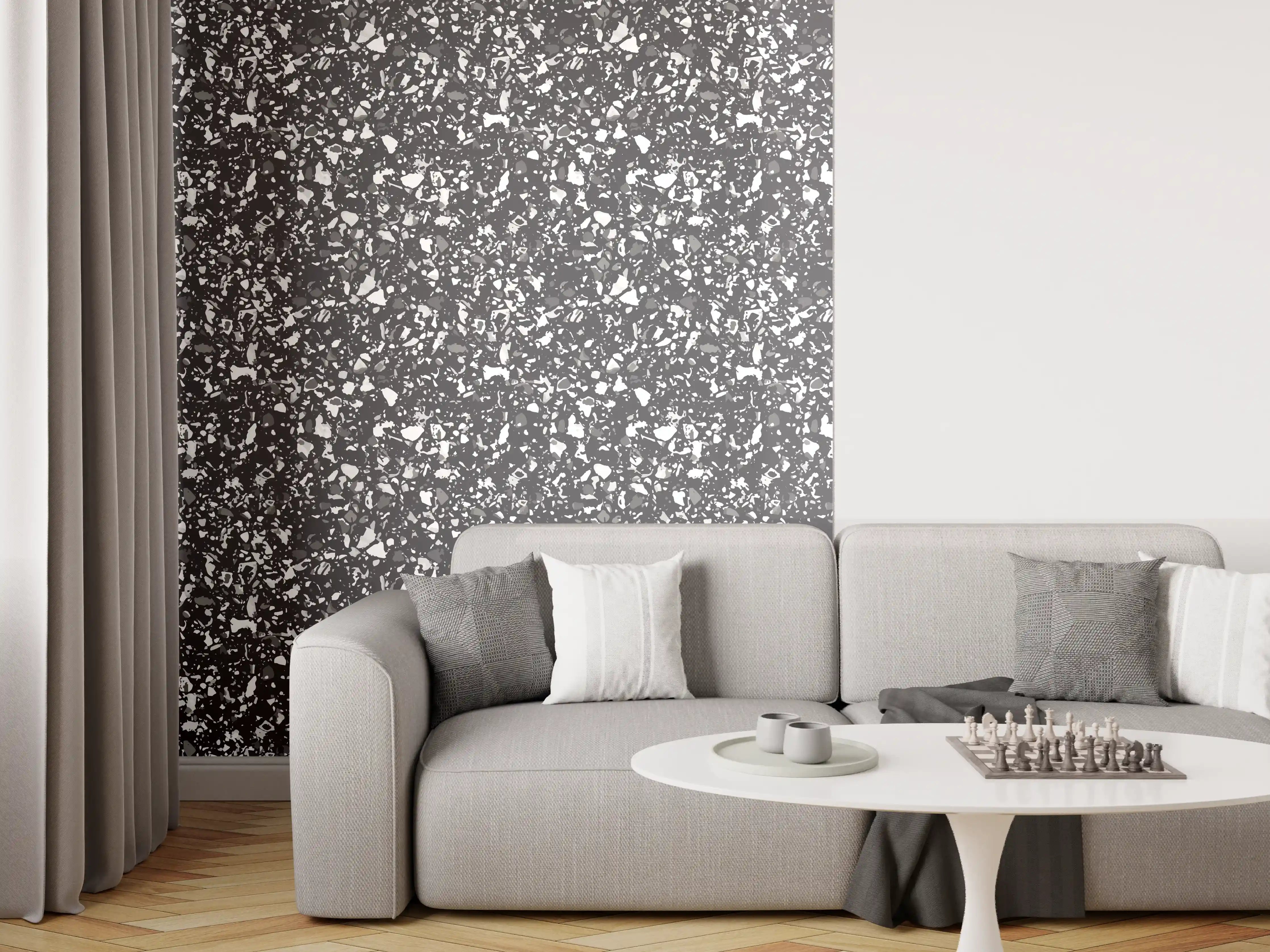 Wandverkleidung Wohnzimmer - Schwarze Granit-Oberfläche mit weißen Kristallflecken