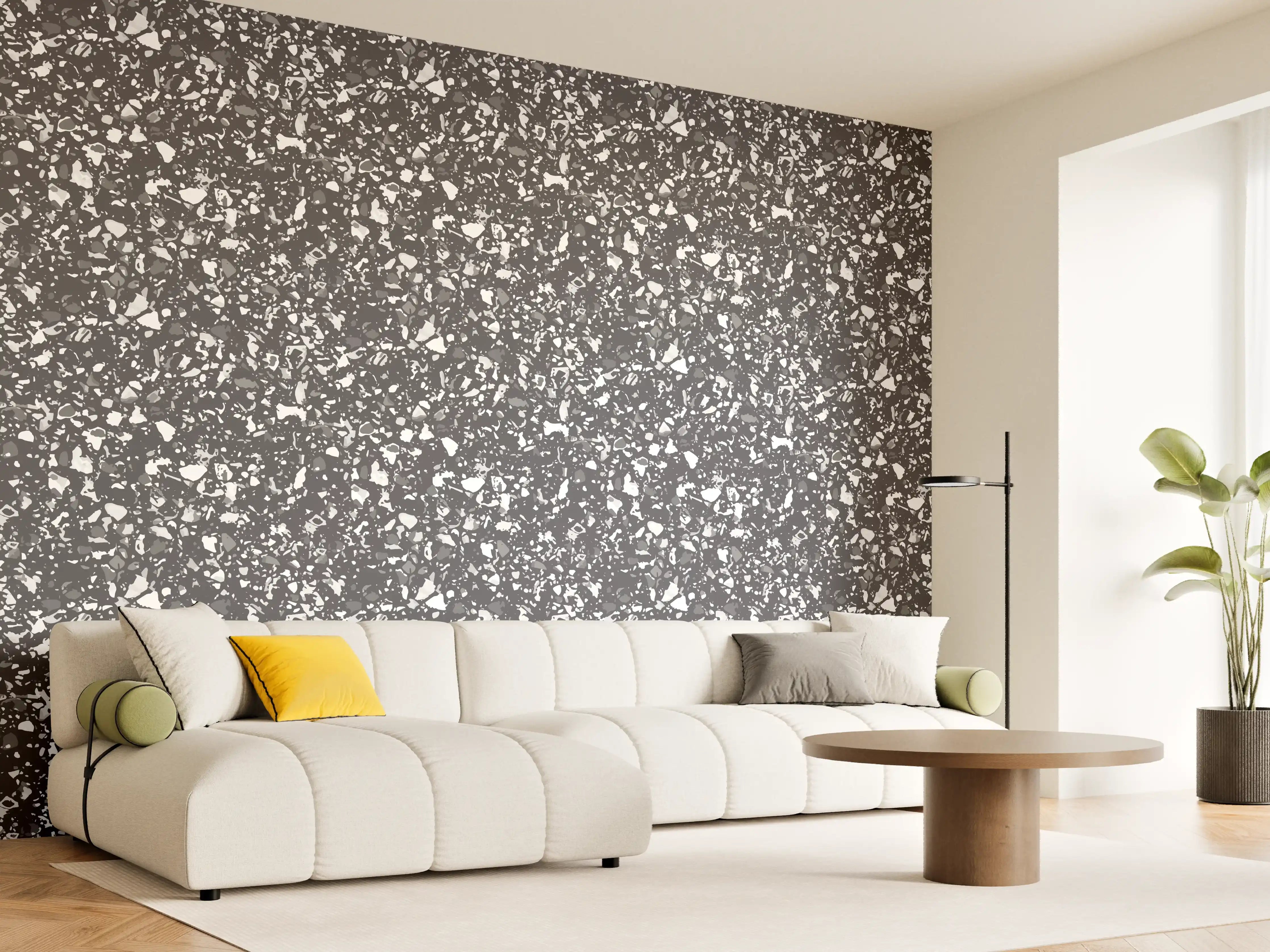 Wandverkleidung Wohnzimmer - Schwarze Granit-Oberfläche mit weißen Kristallflecken