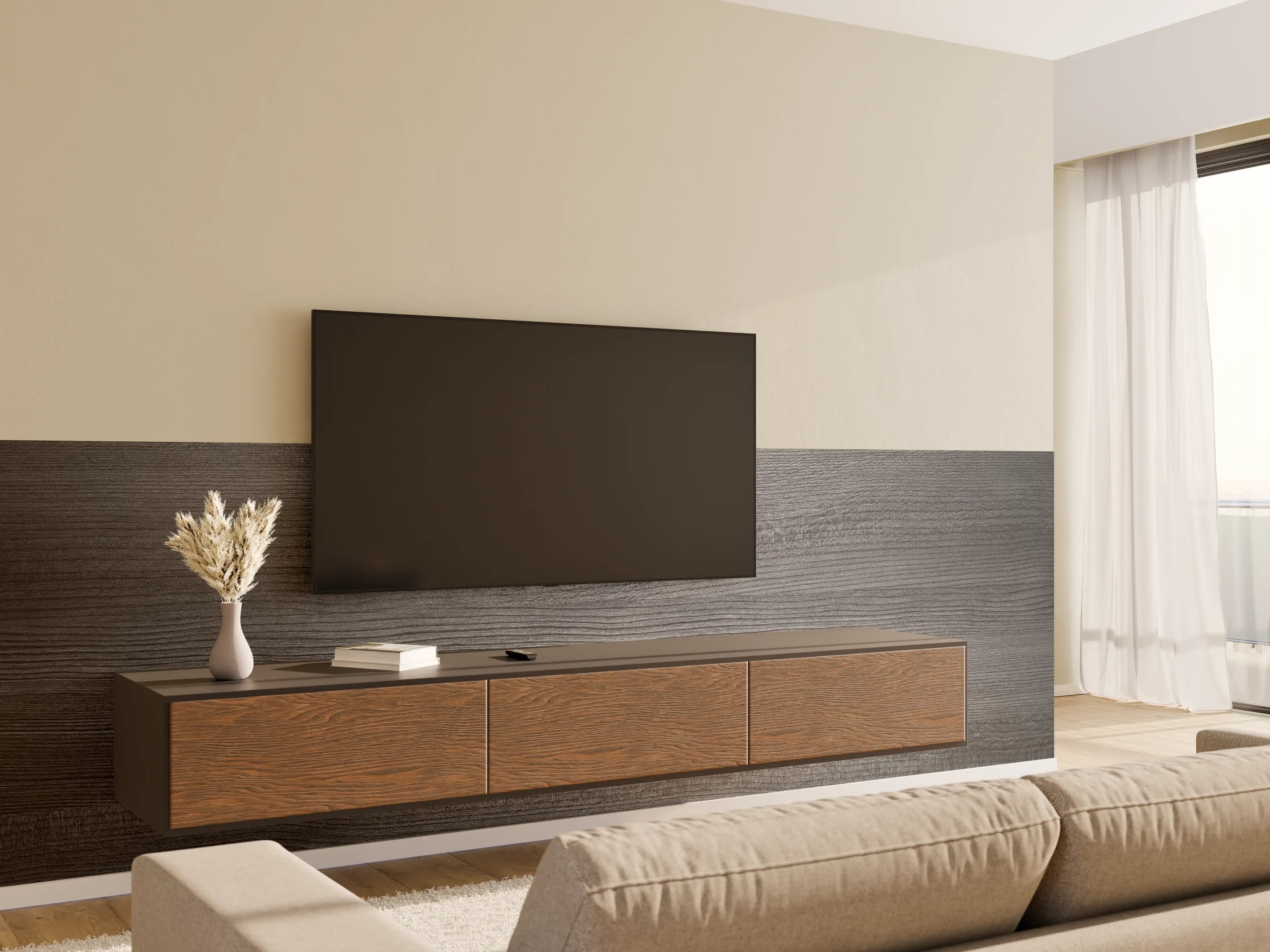 Wandverkleidung Wohnzimmer - Schwarze Holzoptik mit feiner Maserung