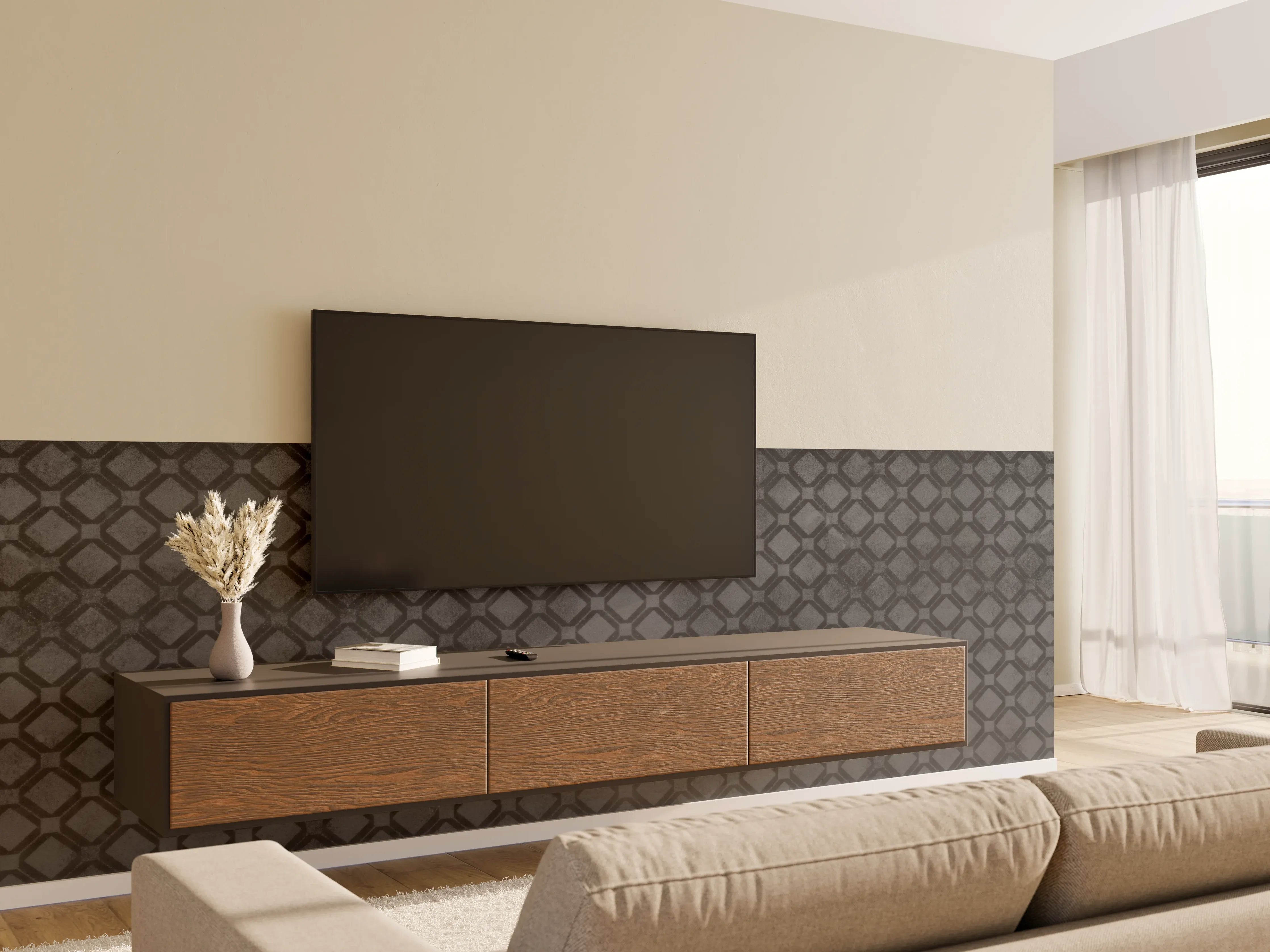Wandverkleidung Wohnzimmer - Schwarze Raute Muster