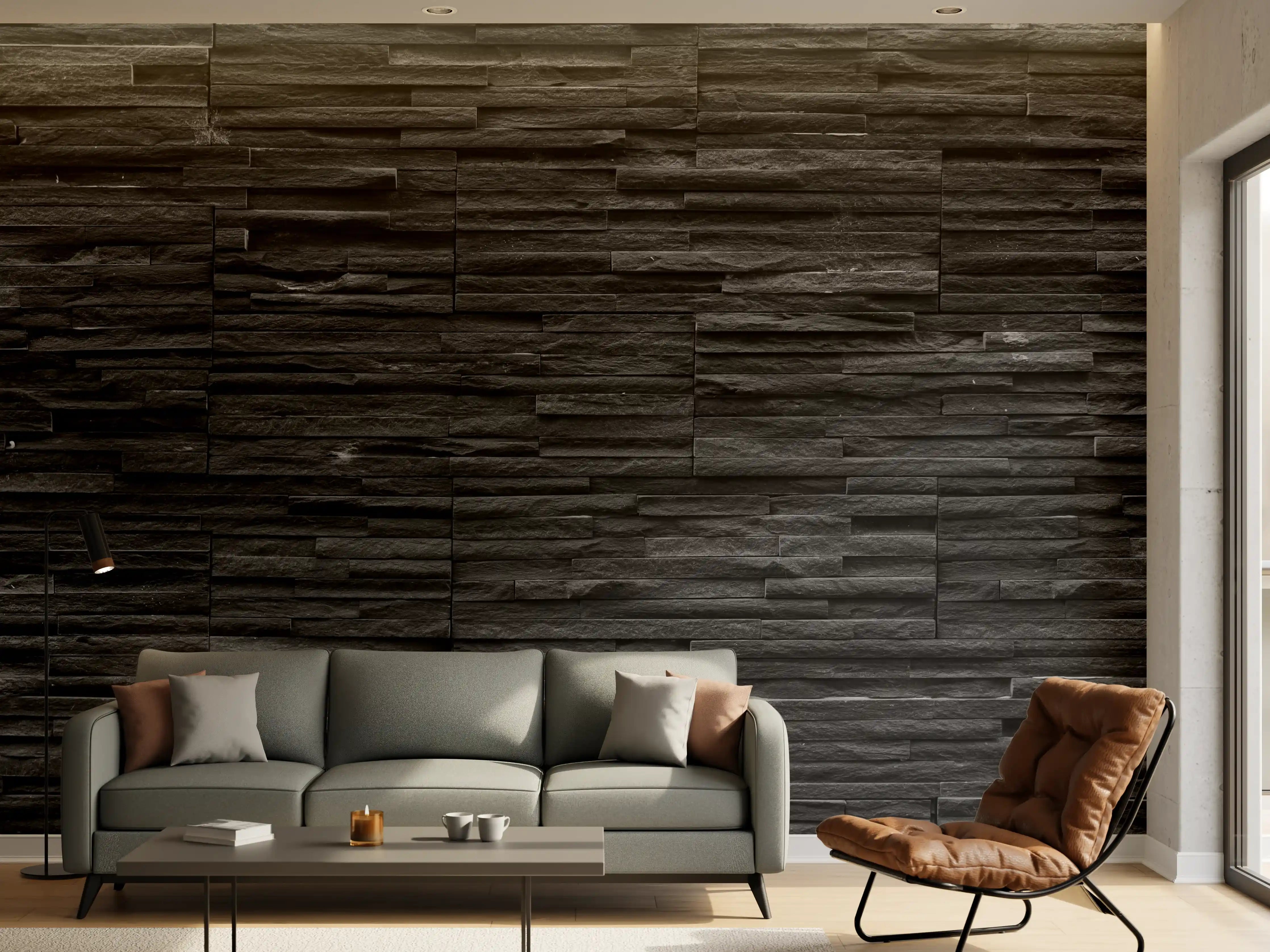 Wandverkleidung Wohnzimmer - Schwarze Schieferstein-Mauer