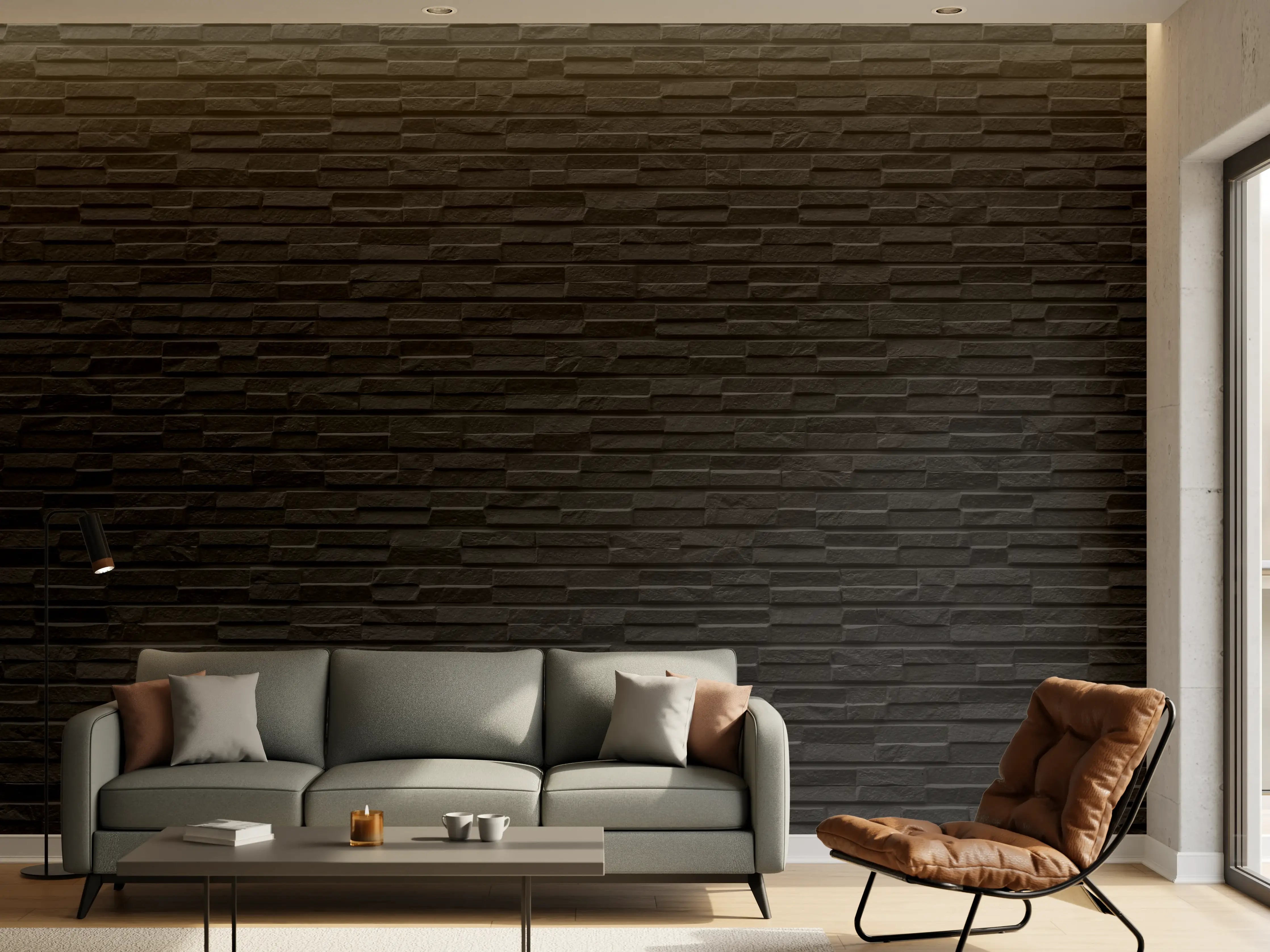 Wandverkleidung Wohnzimmer - Schwarze Steinwand mit Texturen