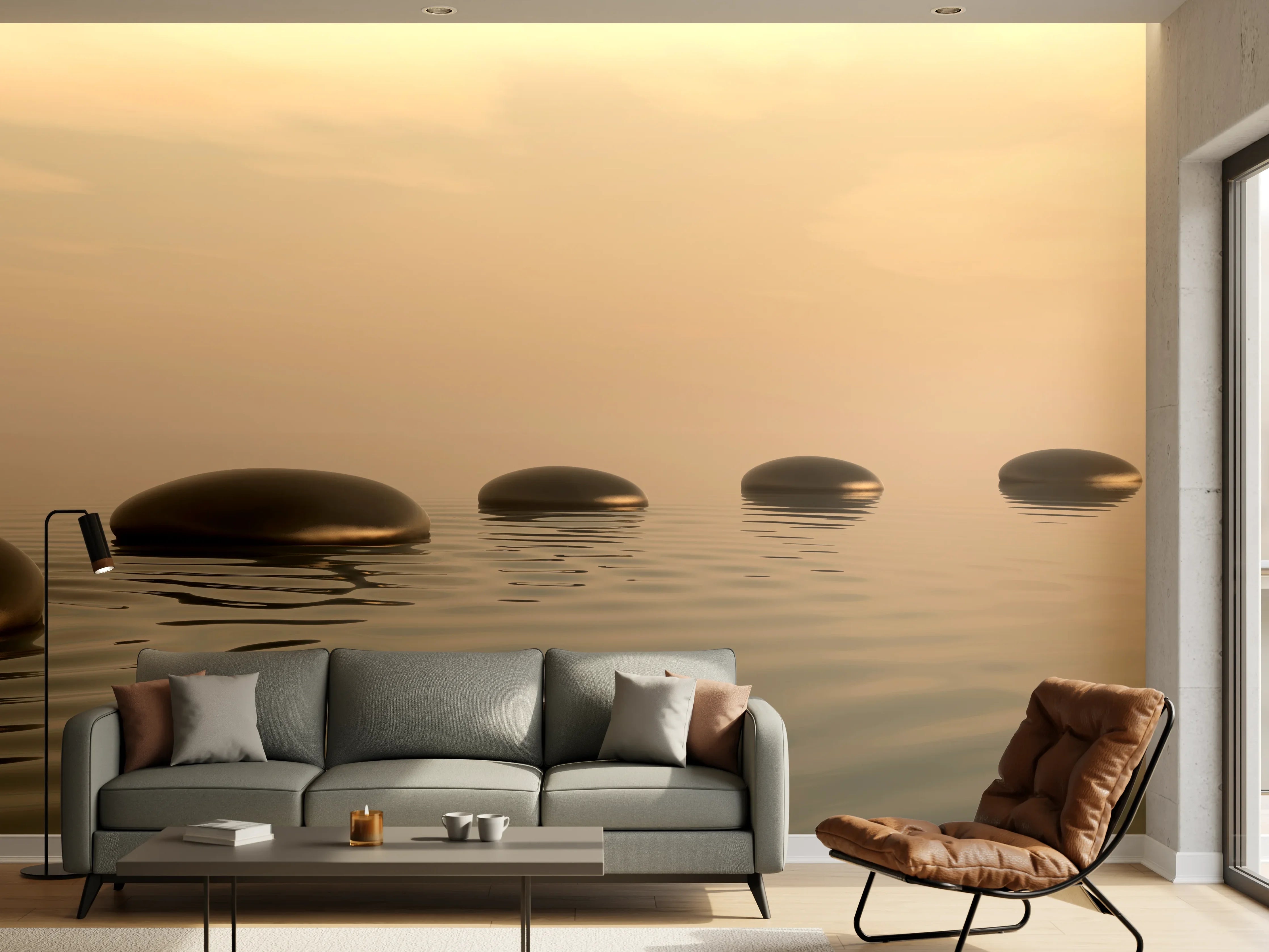 Wandverkleidung Wohnzimmer - Schwarze Zen-Steine auf ruhigem Beige