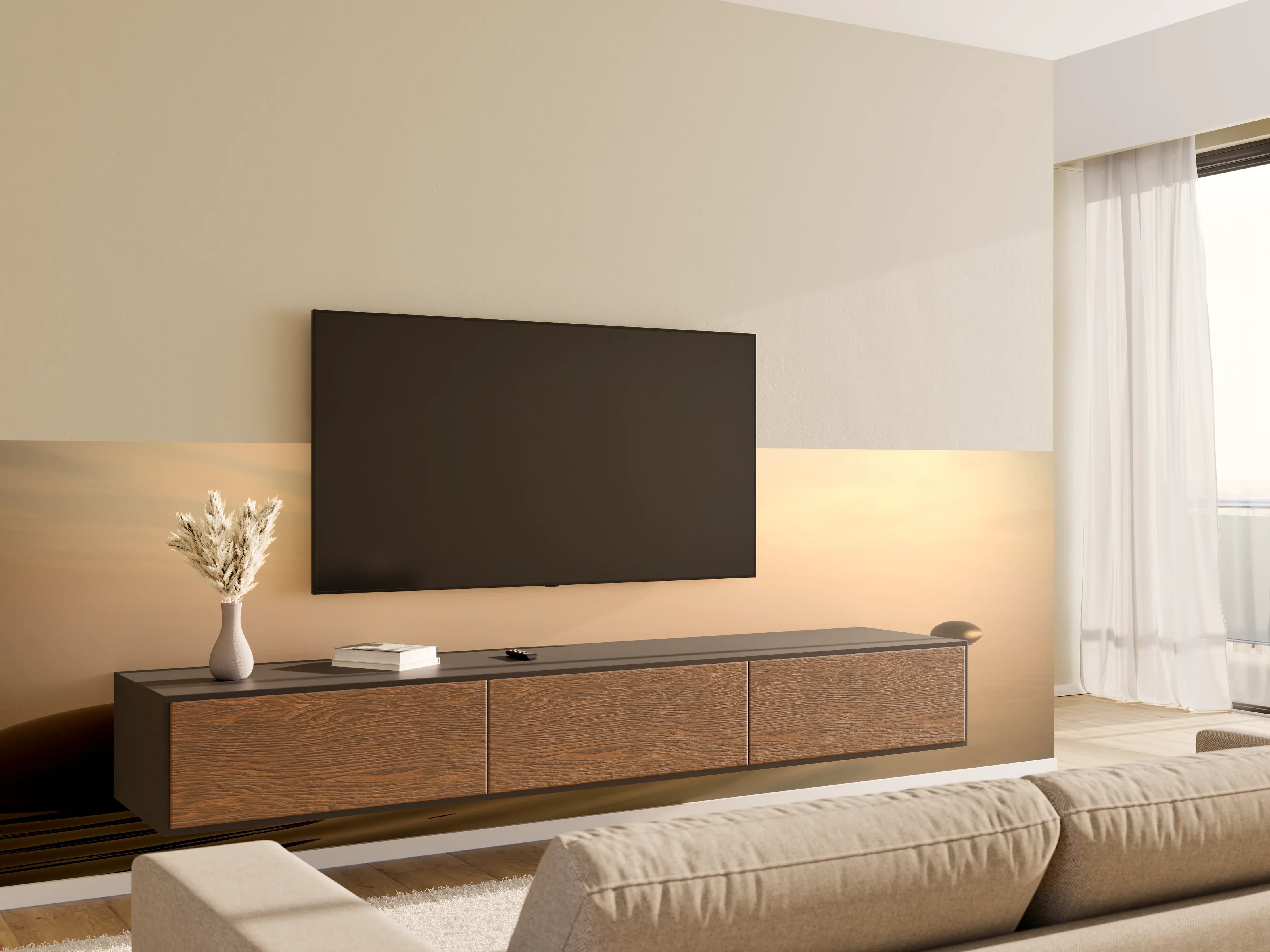 Wandverkleidung Wohnzimmer - Schwarze Zen-Steine auf ruhigem Beige