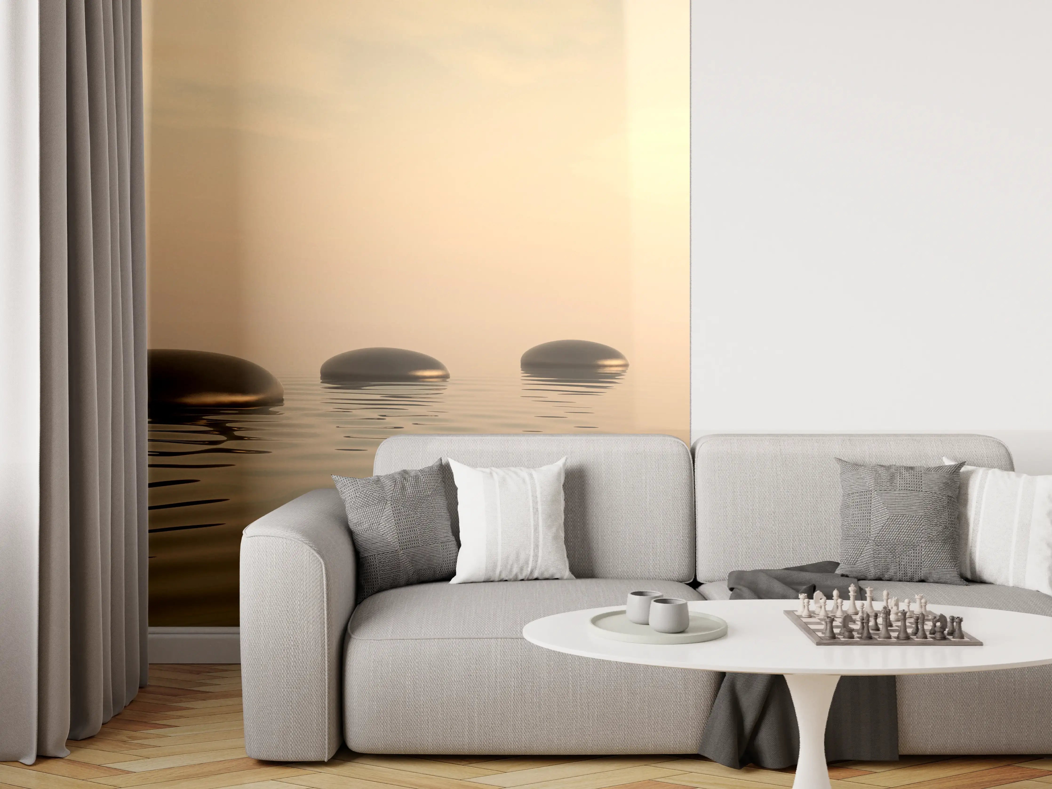 Wandverkleidung Wohnzimmer - Schwarze Zen-Steine auf ruhigem Beige