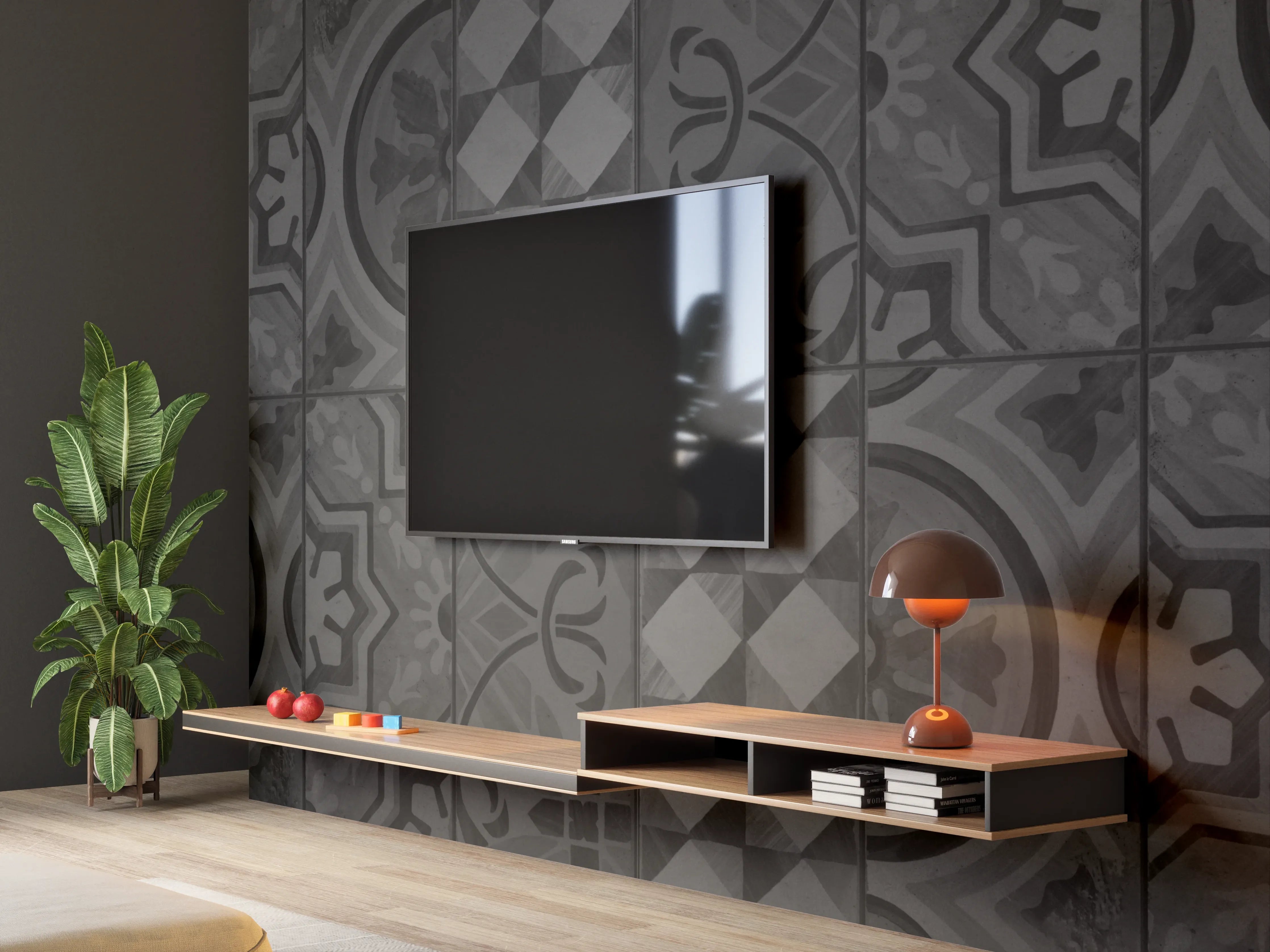 Wandverkleidung Wohnzimmer - Schwarze geometrisch rechteckige Fliesen