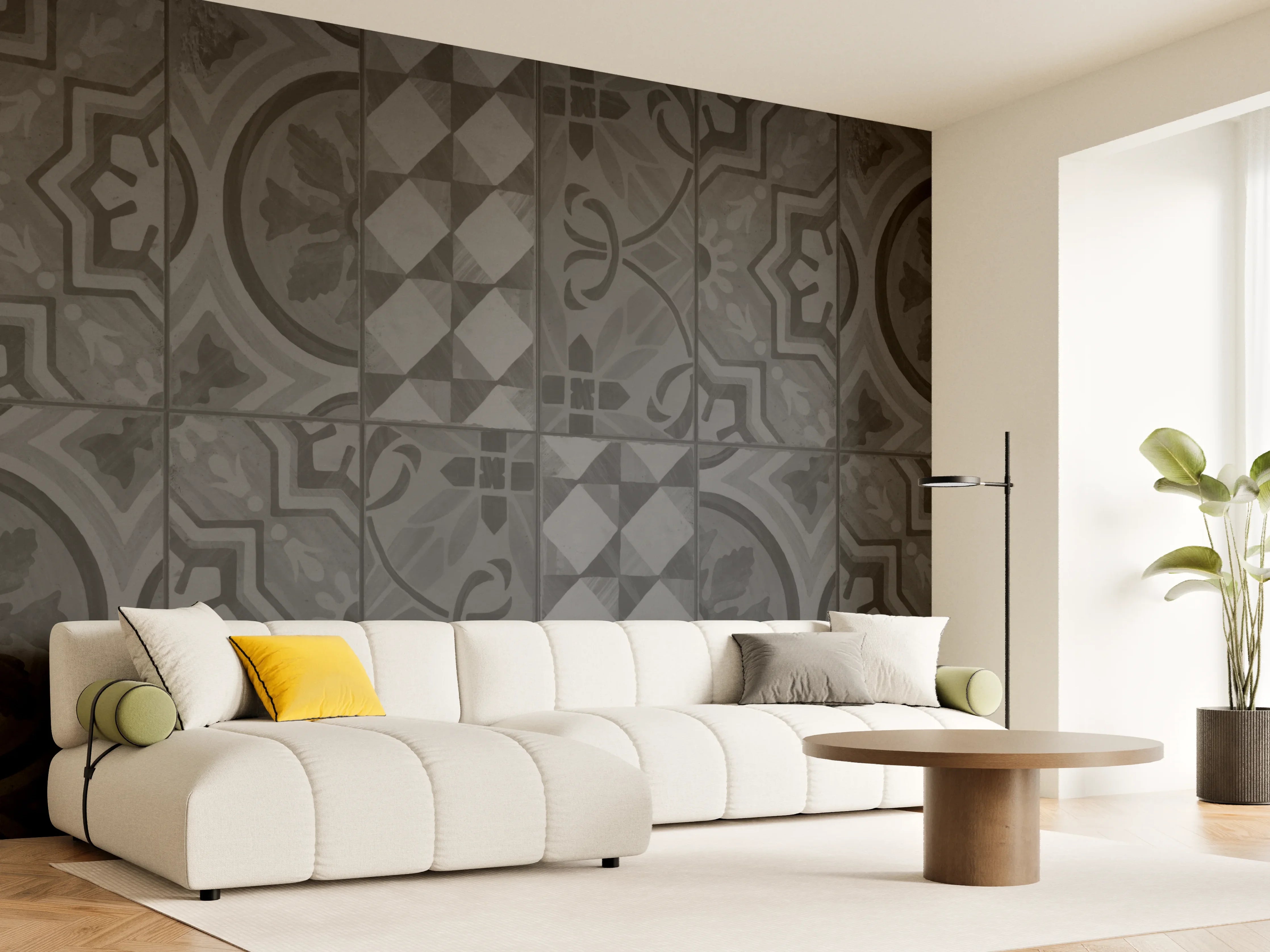 Wandverkleidung Wohnzimmer - Schwarze geometrisch rechteckige Fliesen